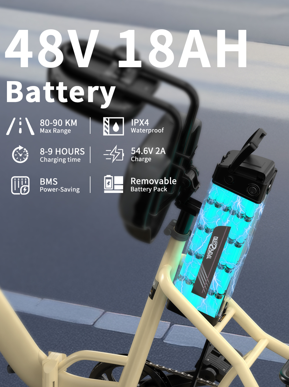 Batería 48V 18AH: 80-90 km autonomía, IPX4 impermeable, carga 8-9 horas.
