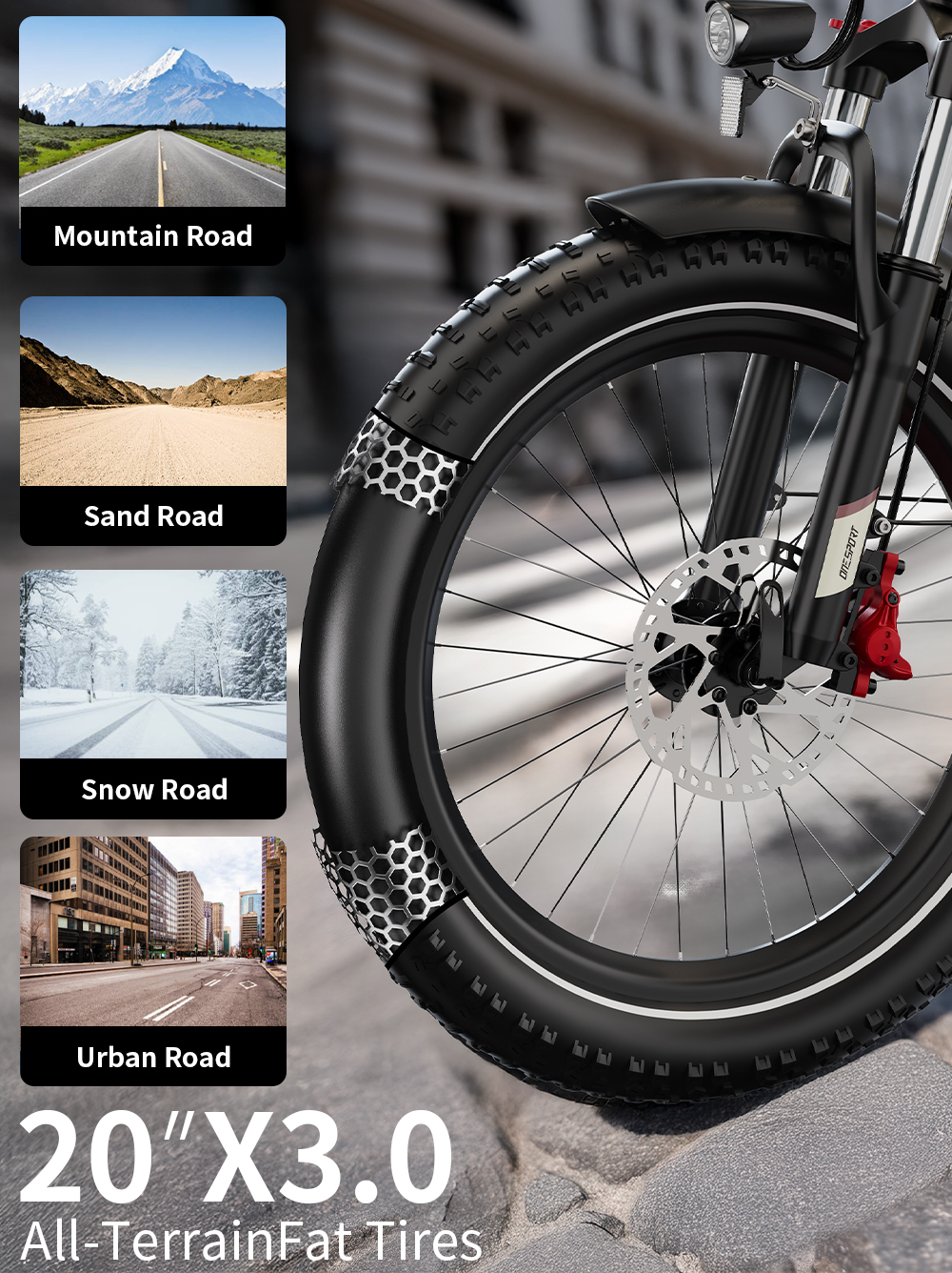 Neumáticos anchos 20"x3.0" para todo terreno, con imágenes de carreteras de montaña, arena, nieve y urbanas.