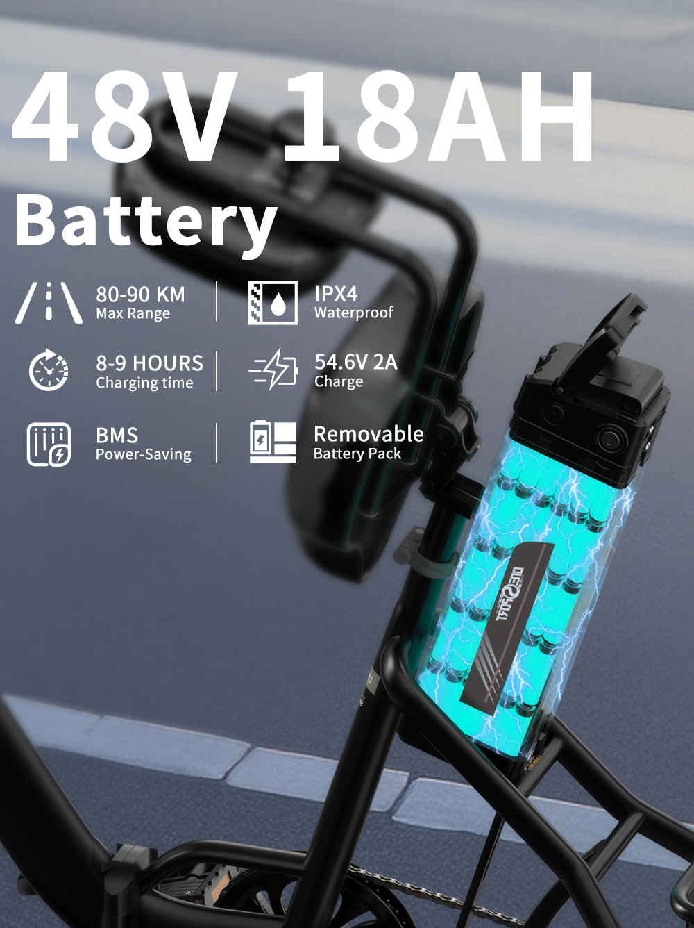 Batería 48V 18AH, autonomía 80-90km, carga 8-9h, IPX4, carga 54.6V 2A.