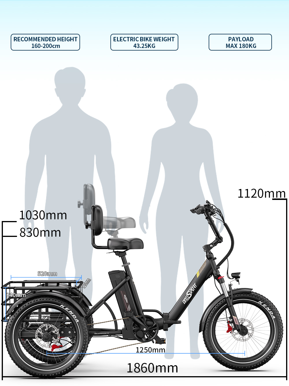 Triciclo eléctrico negro con portaequipajes y asiento, junto a siluetas de dos personas.