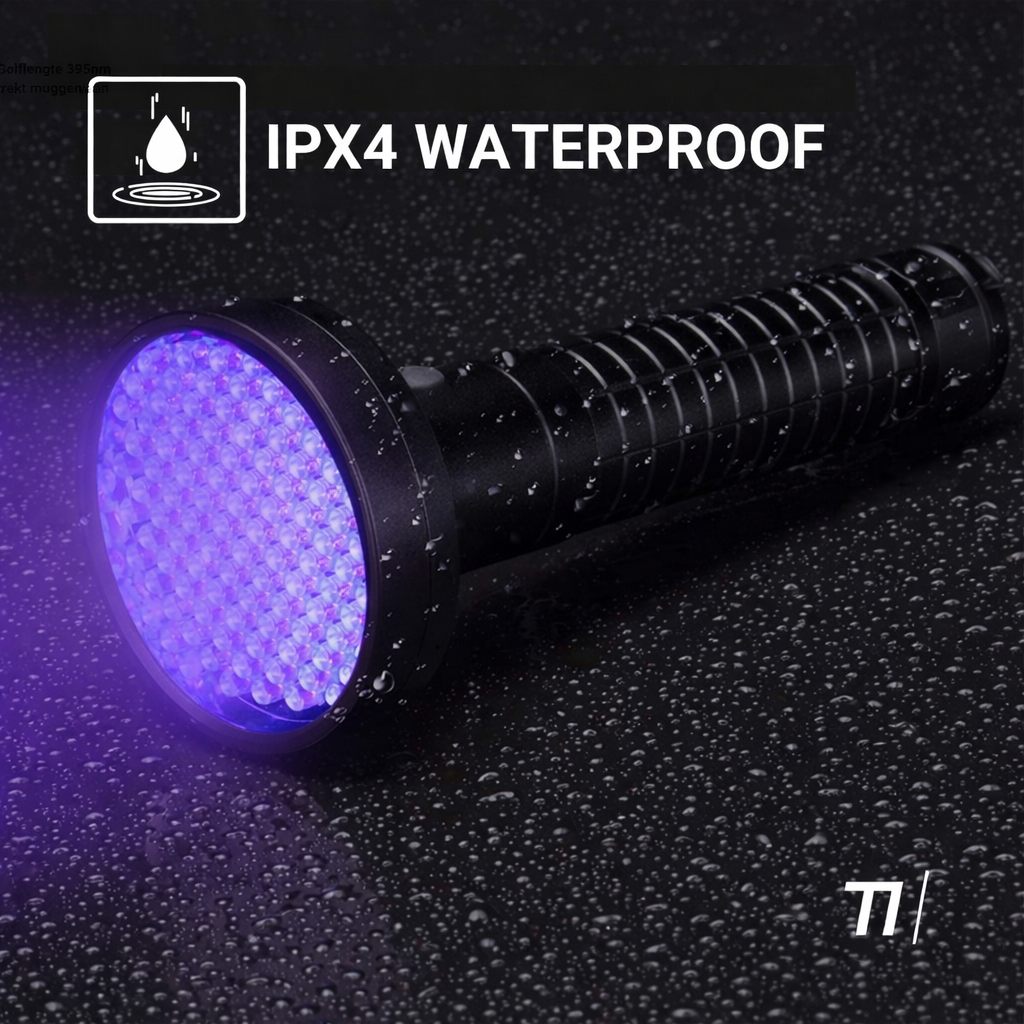 A black UV flashlight with purple LEDs rests on a wet surface. IPX4 Waterproof text.