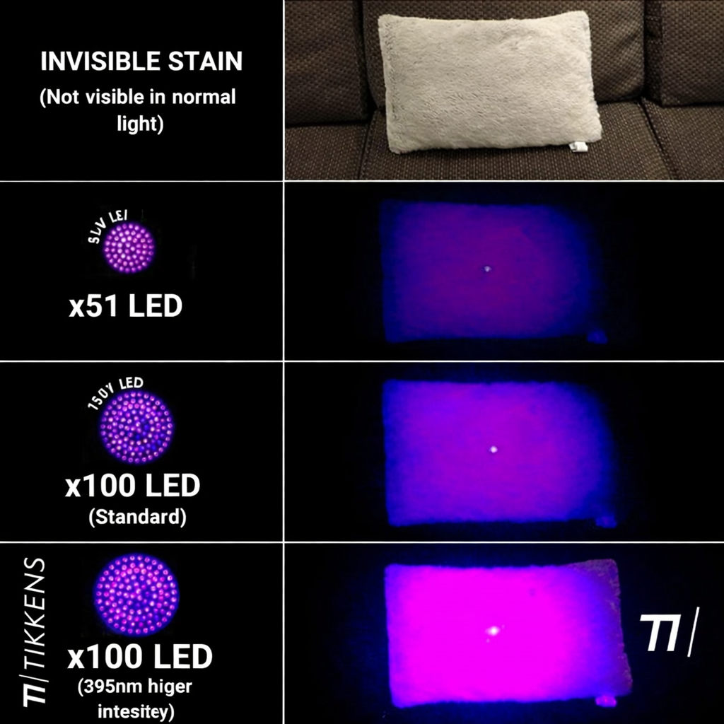 Gray pillow under UV light revealing a stain, with various LED displays.