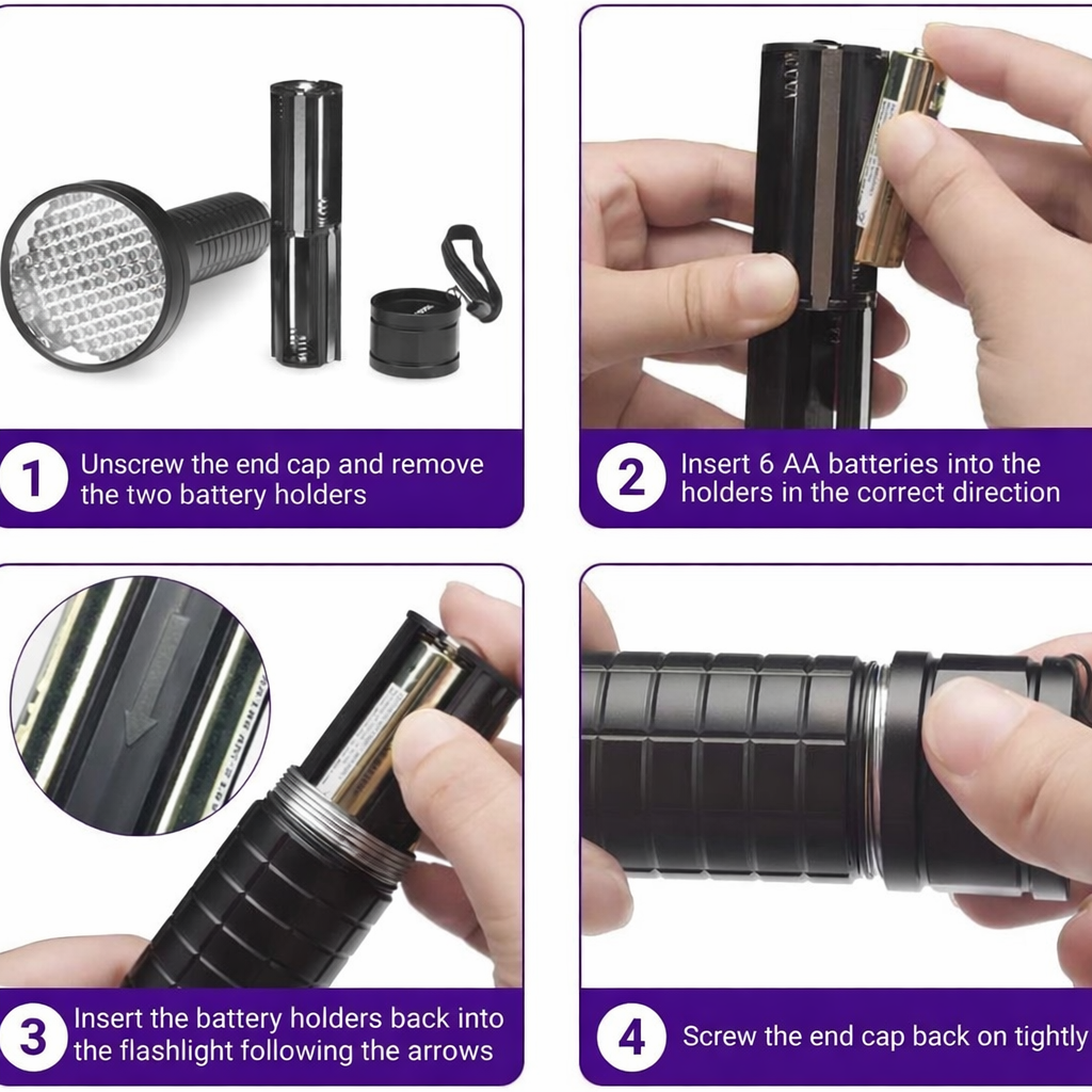 Instructions for inserting batteries into a flashlight.