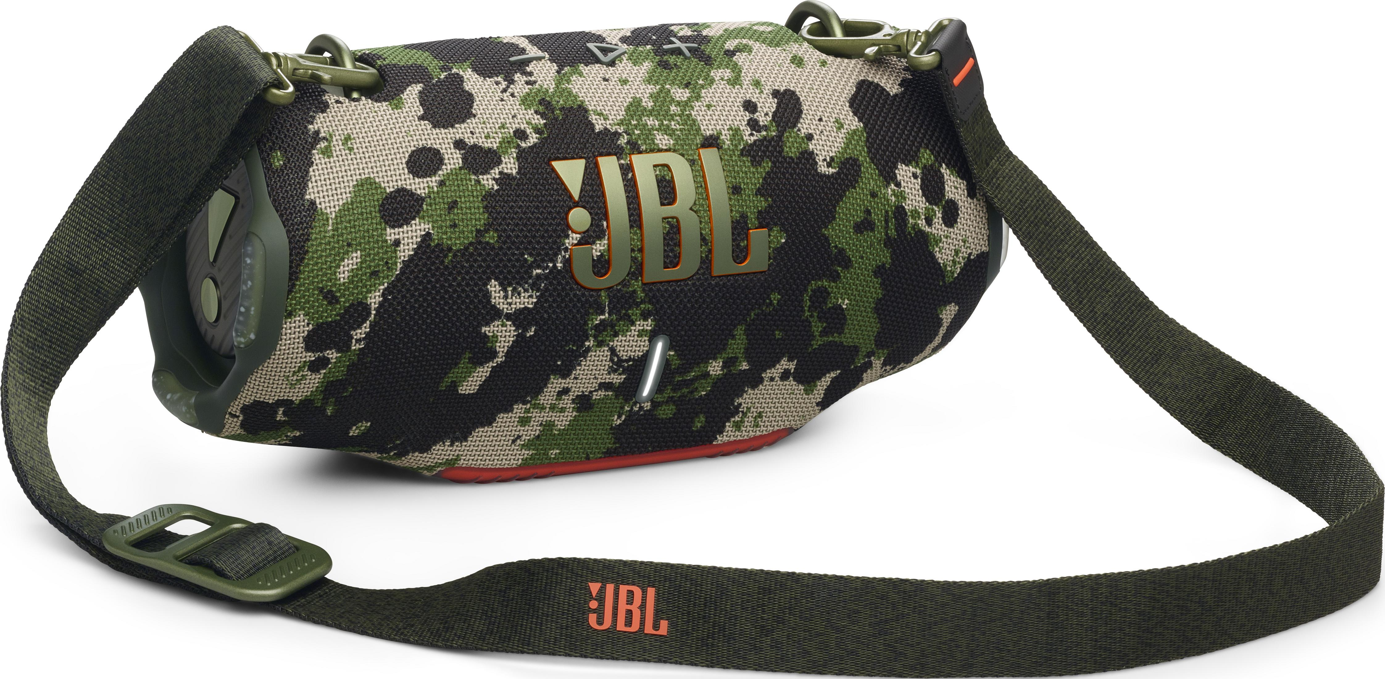 Tarnfarbener JBL-Lautsprecher mit Tragegurt und silbernen Akzenten.