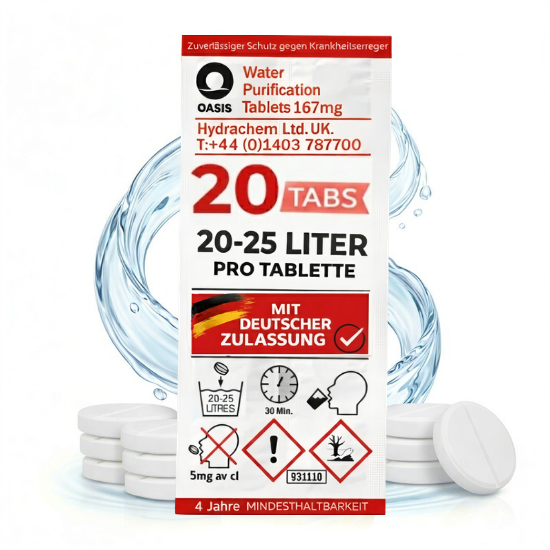 Verpackung von Oasis Wasserreinigungstabletten, 20 Stück für 20-25 Liter.
