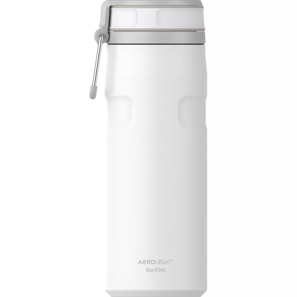 Botella de agua blanca con tapa y asa grises. Aerolight 16oz/473mL.