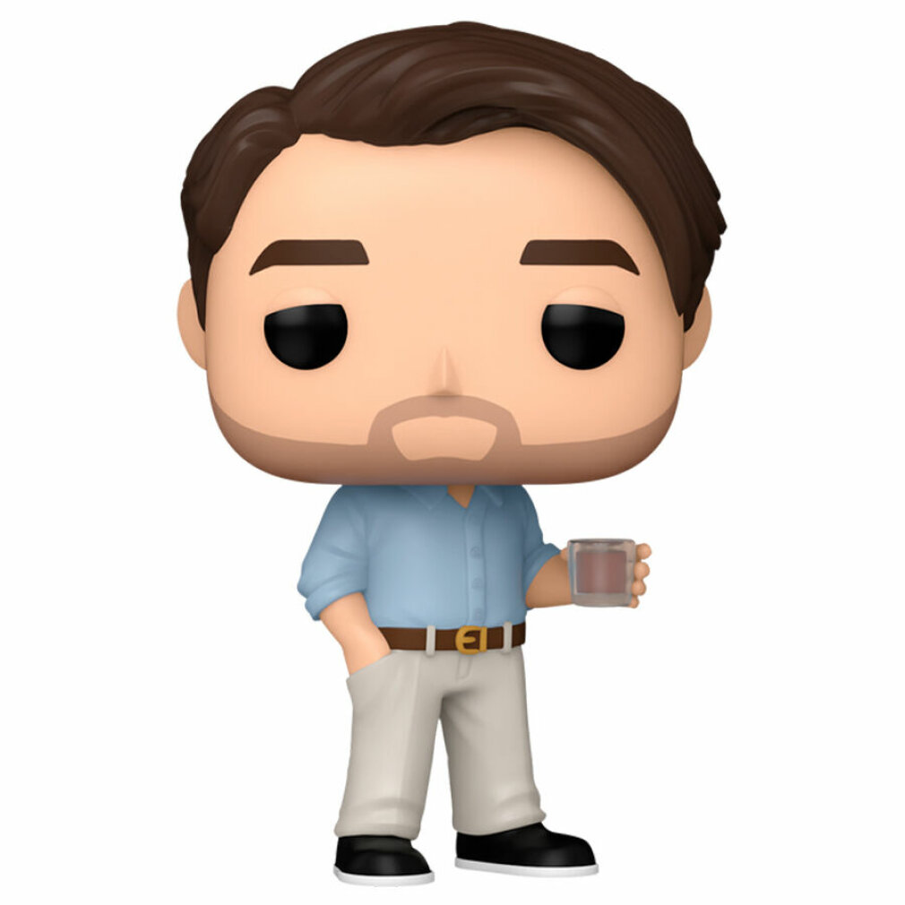 Statua Funko Pop di uomo con capelli castani, camicia blu, pantaloni chiari, tiene un bicchiere.