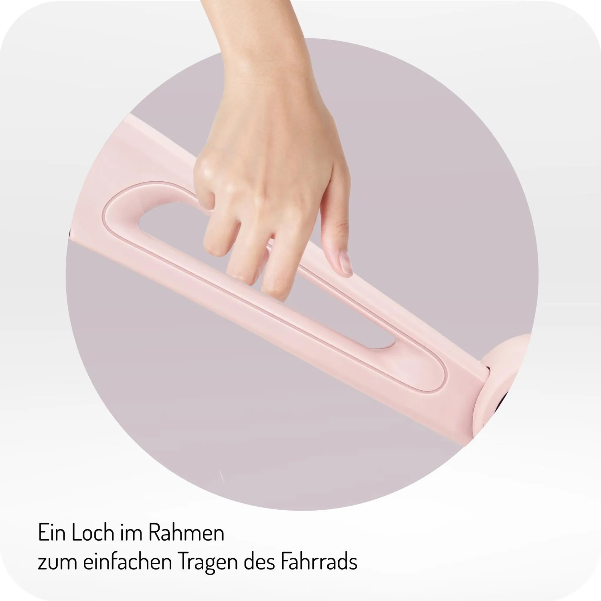 Eine Hand hält einen rosa Rahmen mit einem Griffloch.