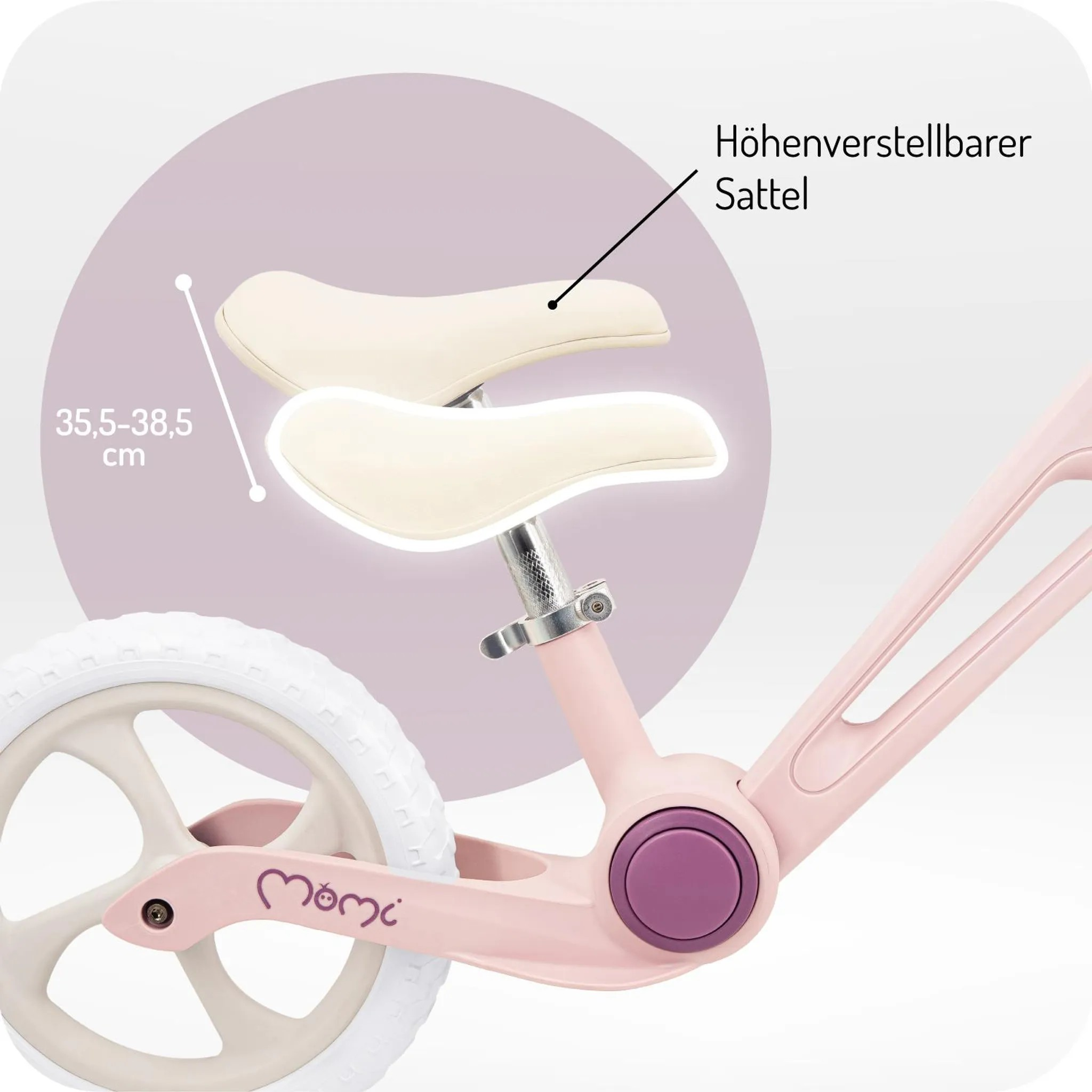 Ein rosafarbenes Laufrad mit verstellbarem Sattel und weißem Rad.