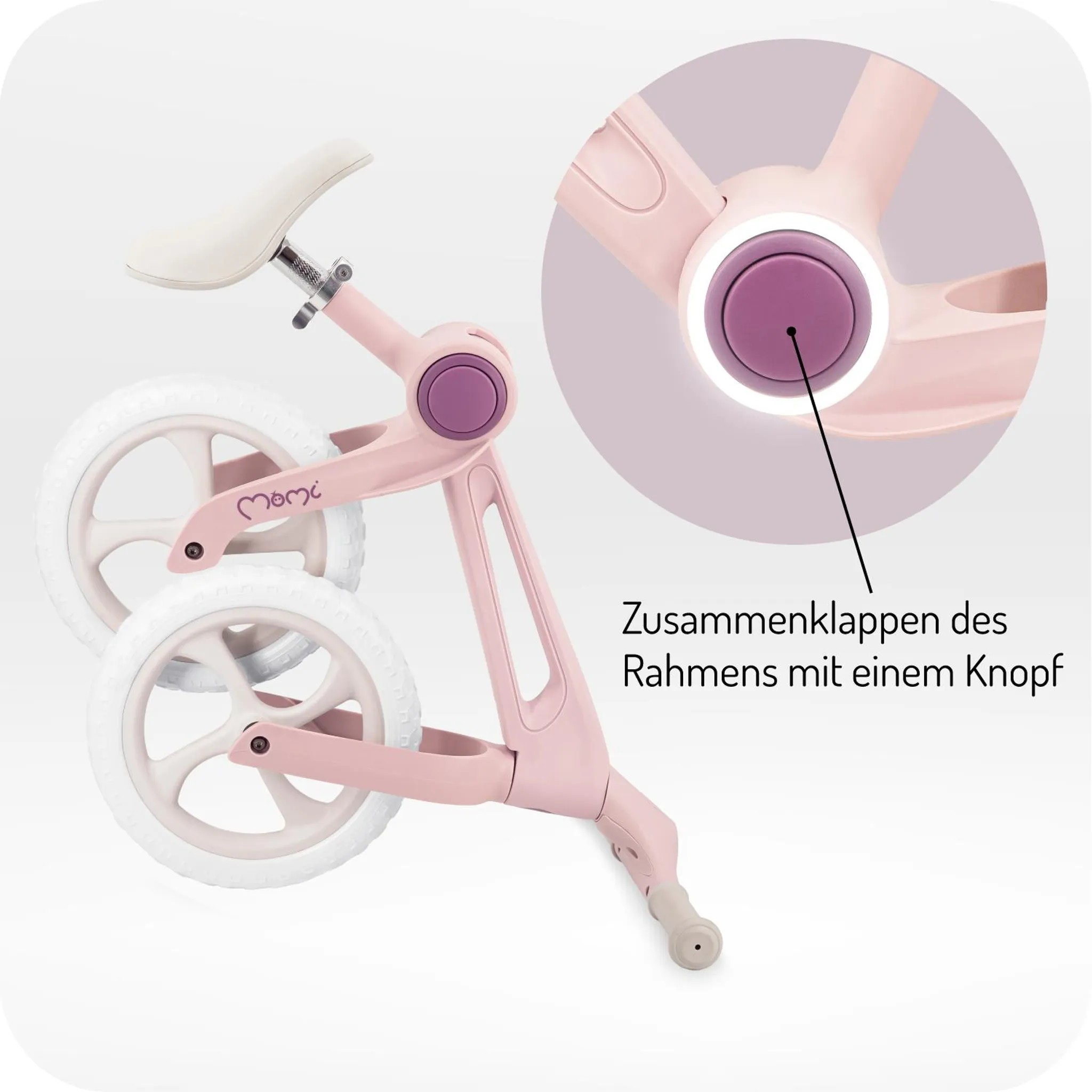 Ein rosafarbenes Laufrad mit weißem Sattel und weißen Rädern. Ein Knopf zum Zusammenklappen.