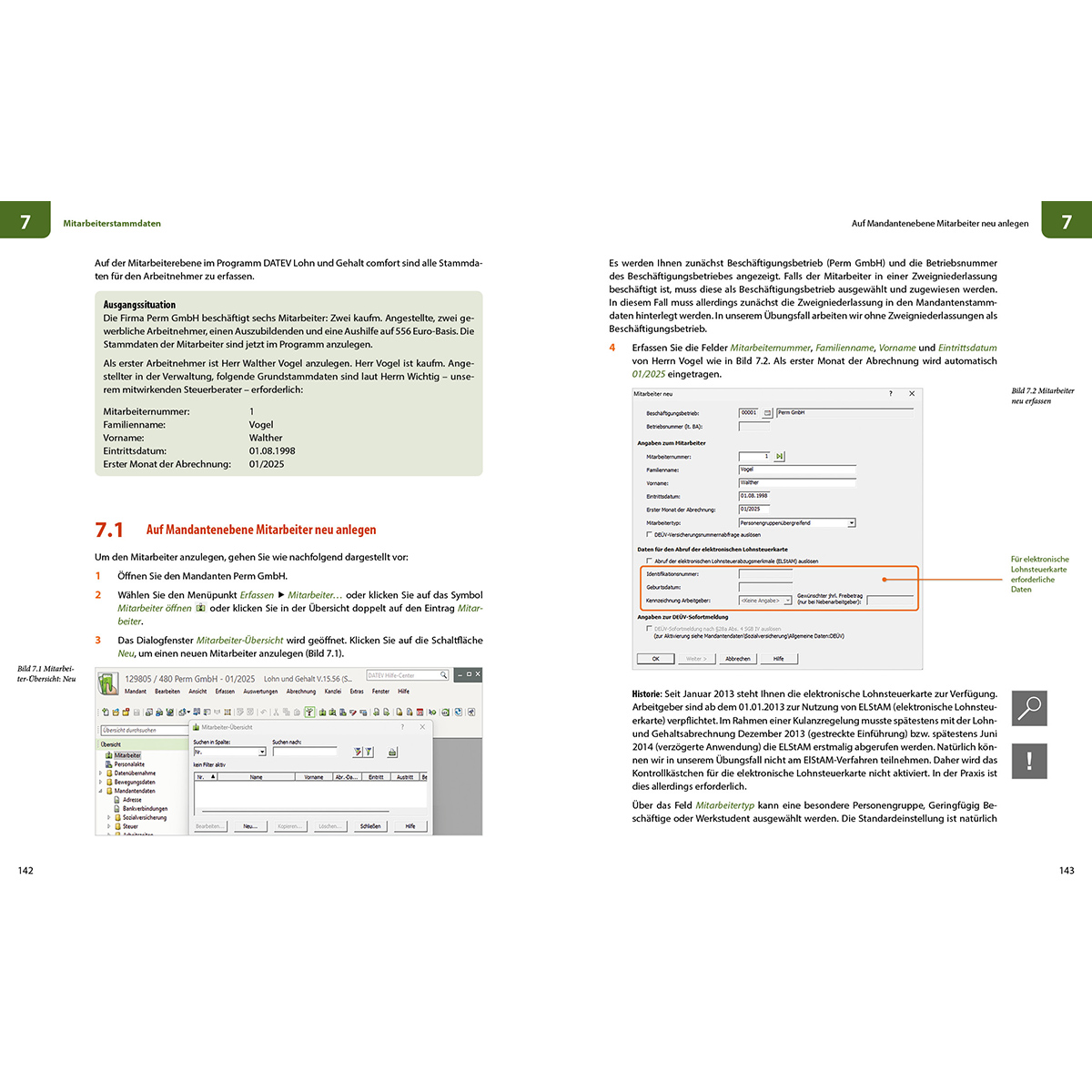 Seite 142: Mitarbeiterstammdaten mit Erfassung von Personalien und Lohnsteuerkarte.