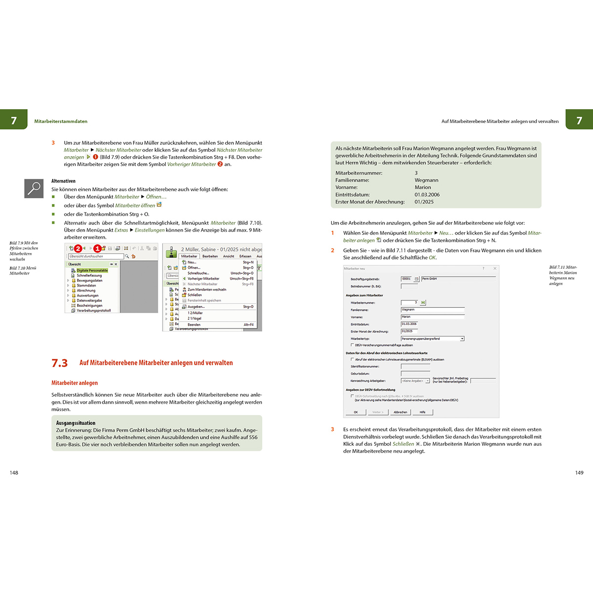 Bildschirmansicht mit Menüpunkten zur Mitarbeiterverwaltung und einer Registerkarte zur Eingabe von Mitarbeiterdaten.