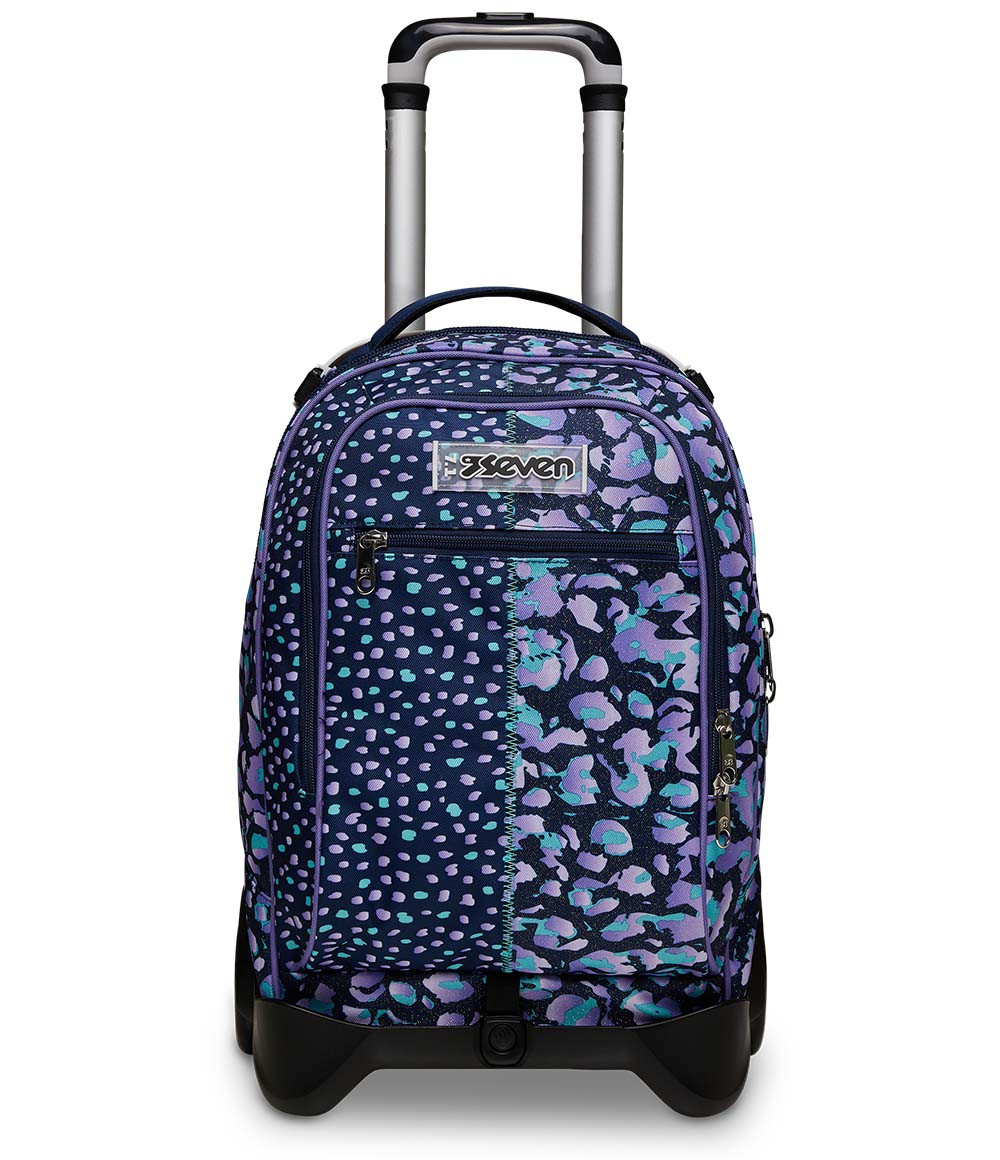 Uno zaino con rotelle blu navy con motivi a macchie viola e turchesi.