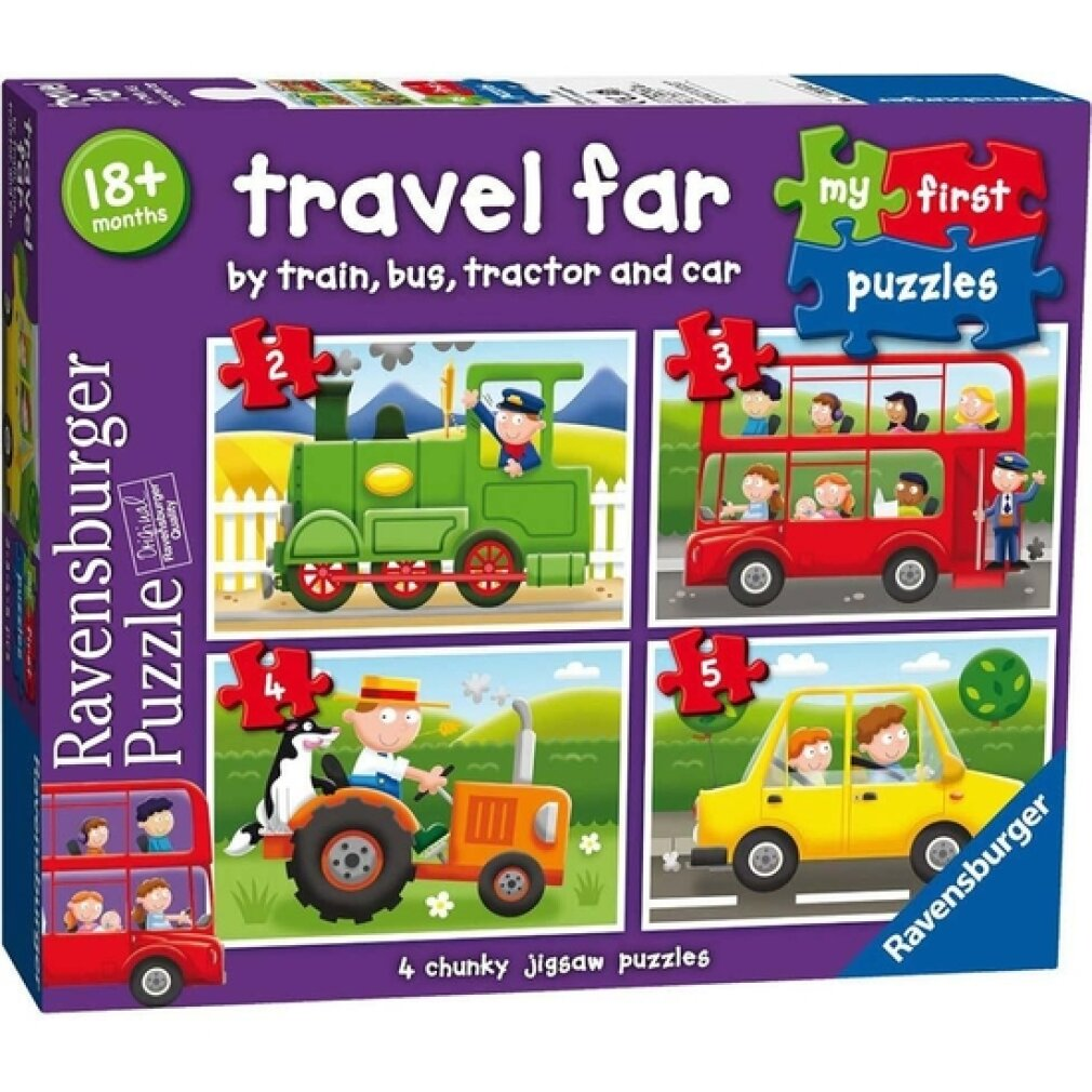 Scatola puzzle con treno, autobus a due piani, trattore e auto.