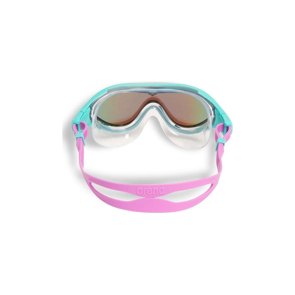 Türkisfarbene Schwimmbrille mit pinkfarbenem Band und verspiegelten Gläsern.