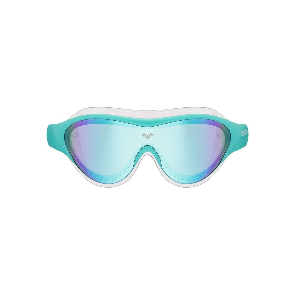 Türkisfarbene Schwimmbrille mit verspiegelten Gläsern und weißem Rahmen.