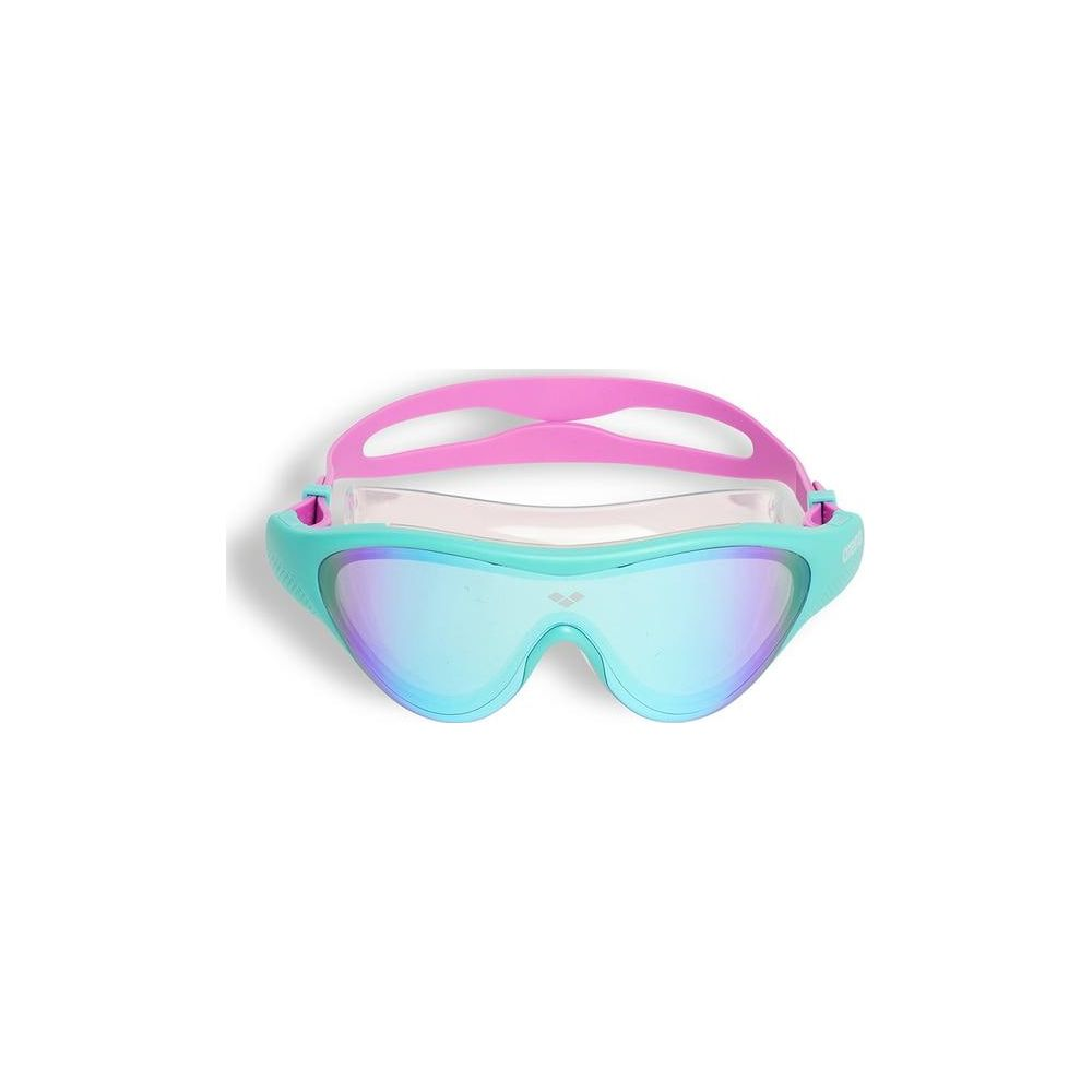 Türkisfarbene Schwimmbrille mit pinkem Band und verspiegelten Gläsern.
