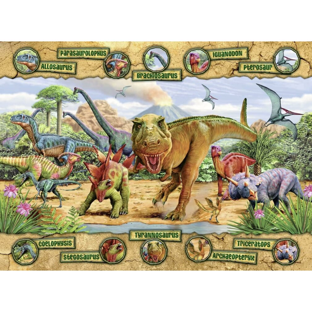 Vari dinosauri in un paesaggio preistorico con un vulcano sullo sfondo.