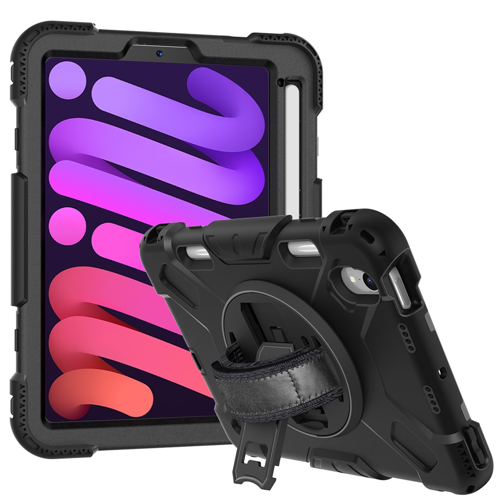 Schwarze Tablet-Hülle mit Ständer und Griff, zeigt ein Tablet mit bunter Tapete.