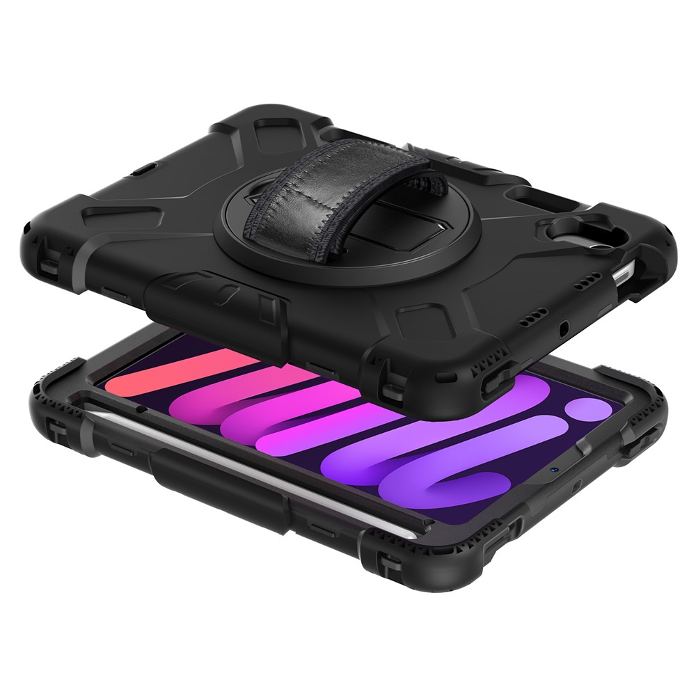 Schwarze Tablet-Hülle mit Griff und Ständer, über einem Tablet mit pink-violem Hintergrund.