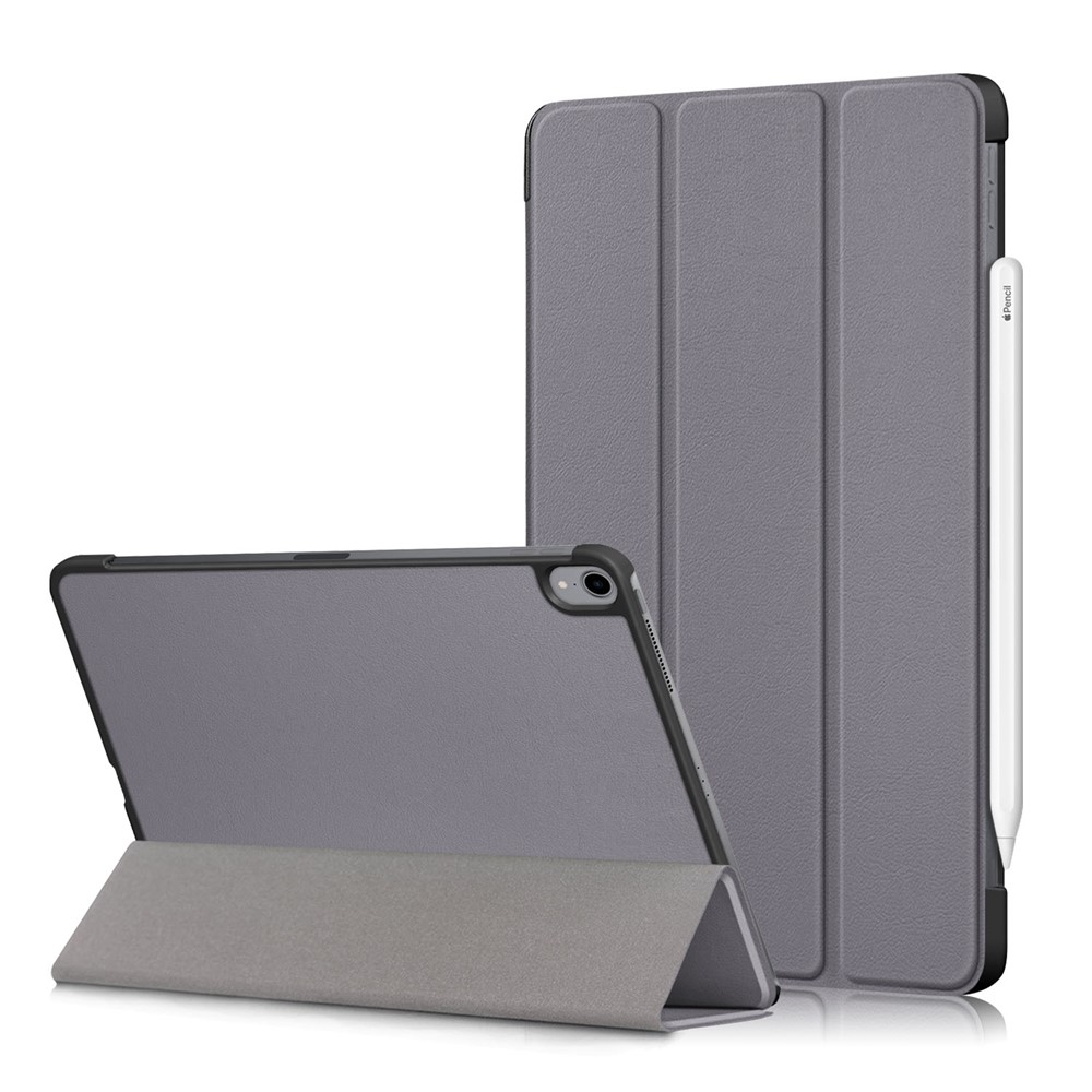 Graue Tablet-Hülle mit Stift, geöffnet und geschlossen.
