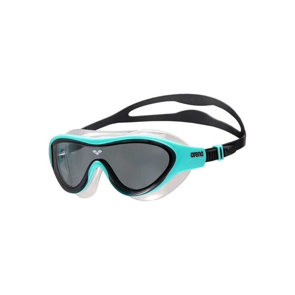 Türkisfarbene Schwimmbrille mit schwarzem Band und getönten Gläsern.
