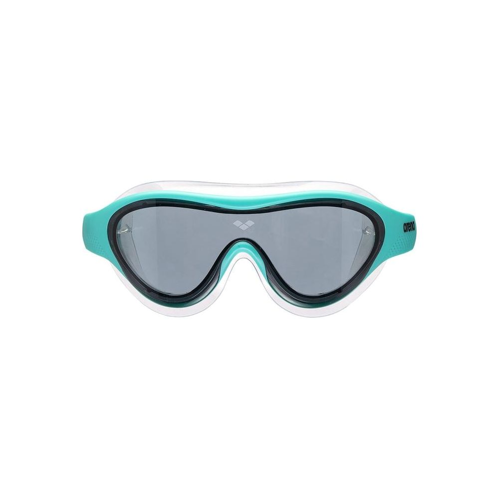 Türkisfarbene Schwimmbrille mit grauen Gläsern und schwarzem Rahmen.