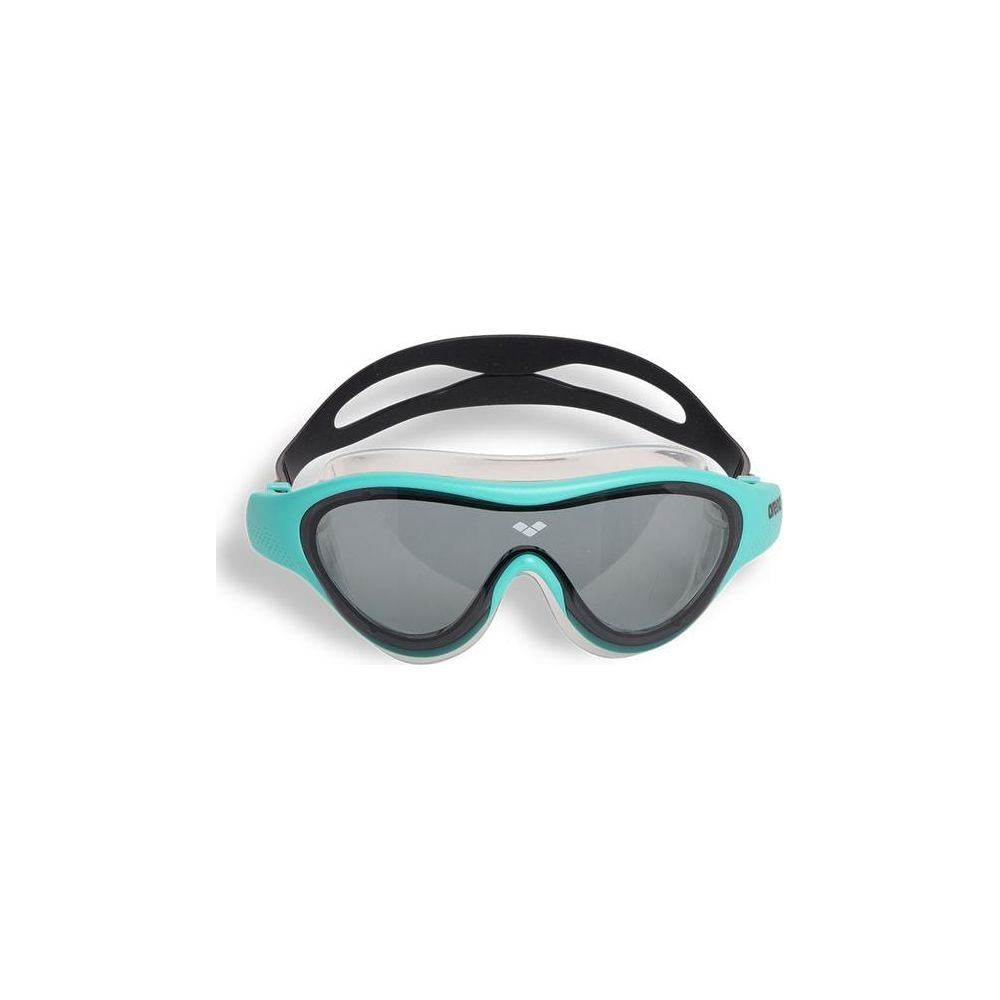 Türkisfarbene Schwimmbrille mit schwarzem Band und grauen Gläsern.