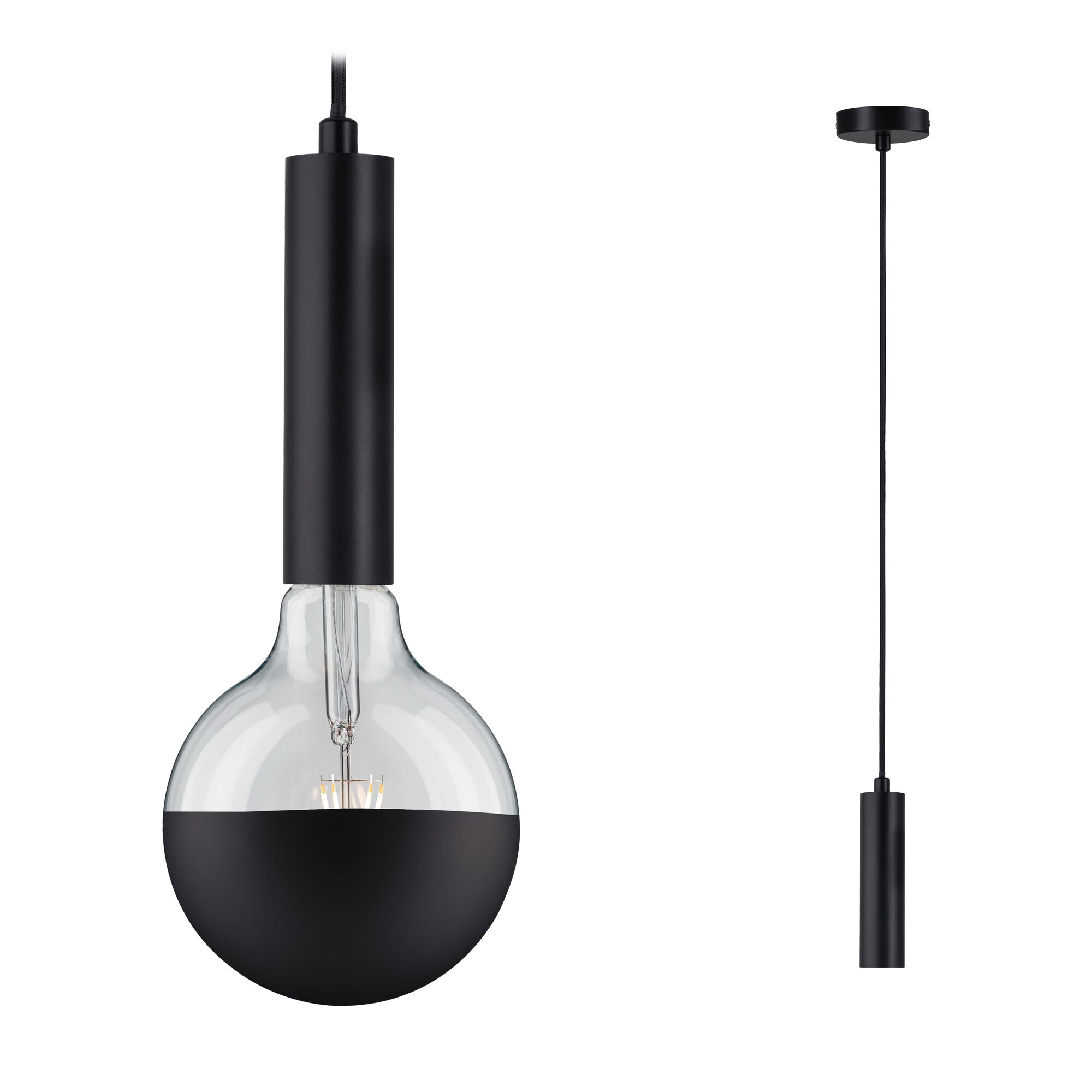 Czarna lampa wisząca ze szklaną bańką i czarnym metalowym cylindrem.