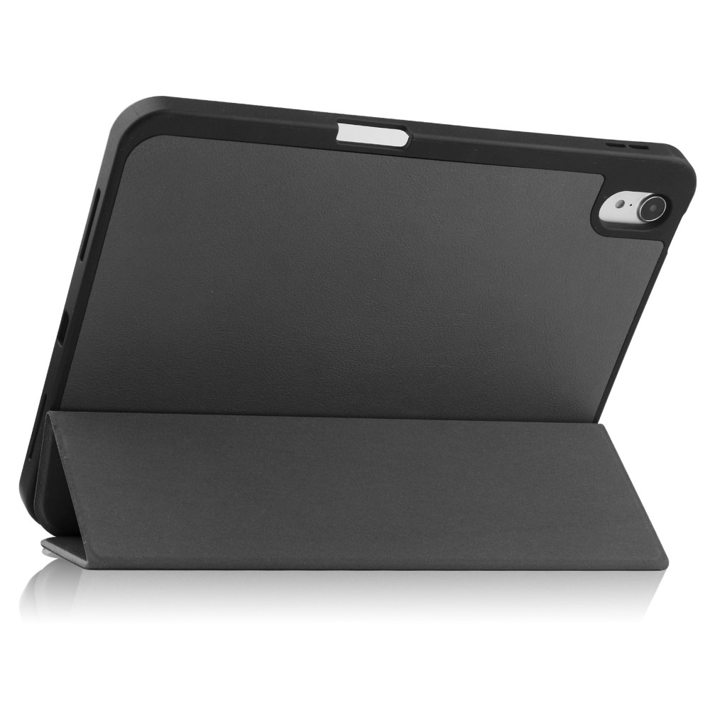 Ein schwarzes Tablet im geöffneten Ständer mit einer Kamera auf der Rückseite.