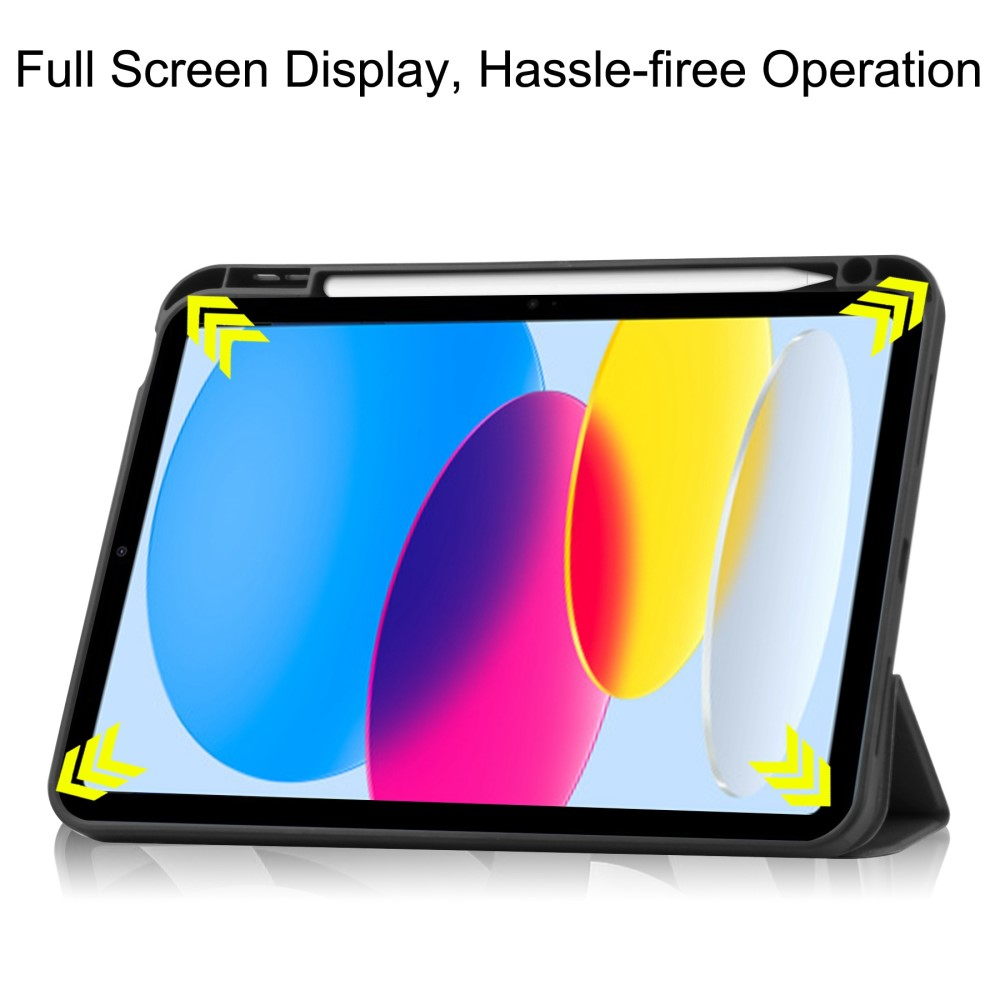 Ein schwarzes Tablet in einer Hülle zeigt ein farbenfrohes abstraktes Hintergrundbild. Gelbe Pfeile zeigen auf Ecken.