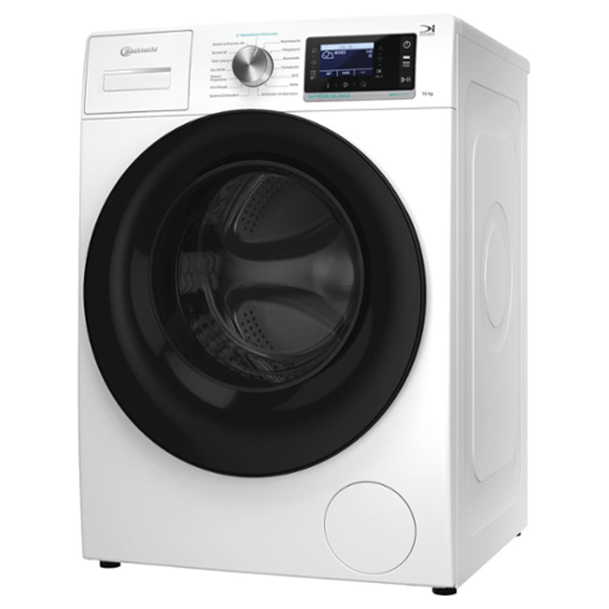 Eine weiße Waschmaschine mit schwarzer Tür und Bedienfeld.