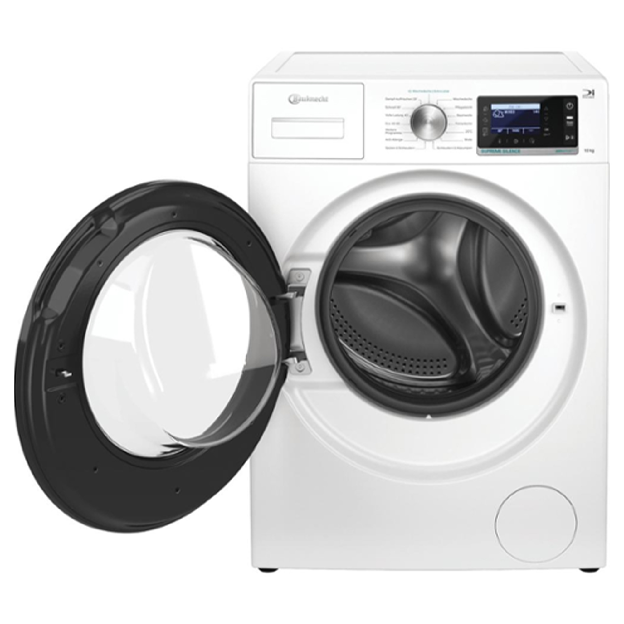 Weiße Waschmaschine mit geöffneter schwarzer Tür und silbernem Bedienfeld.