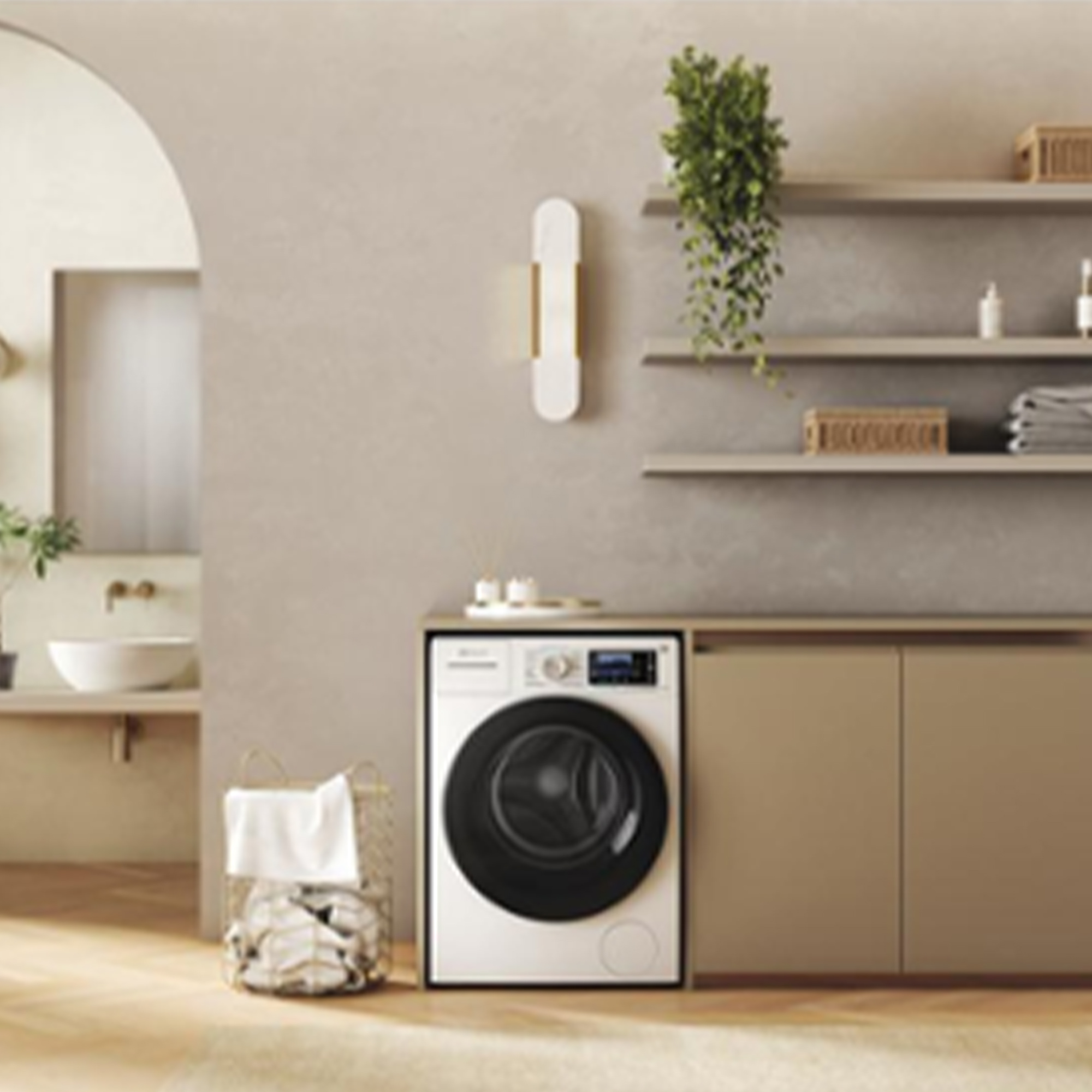 Waschmaschine mit Frontlader, Wäschekorb, Regal mit Pflanzen und Dekoration.