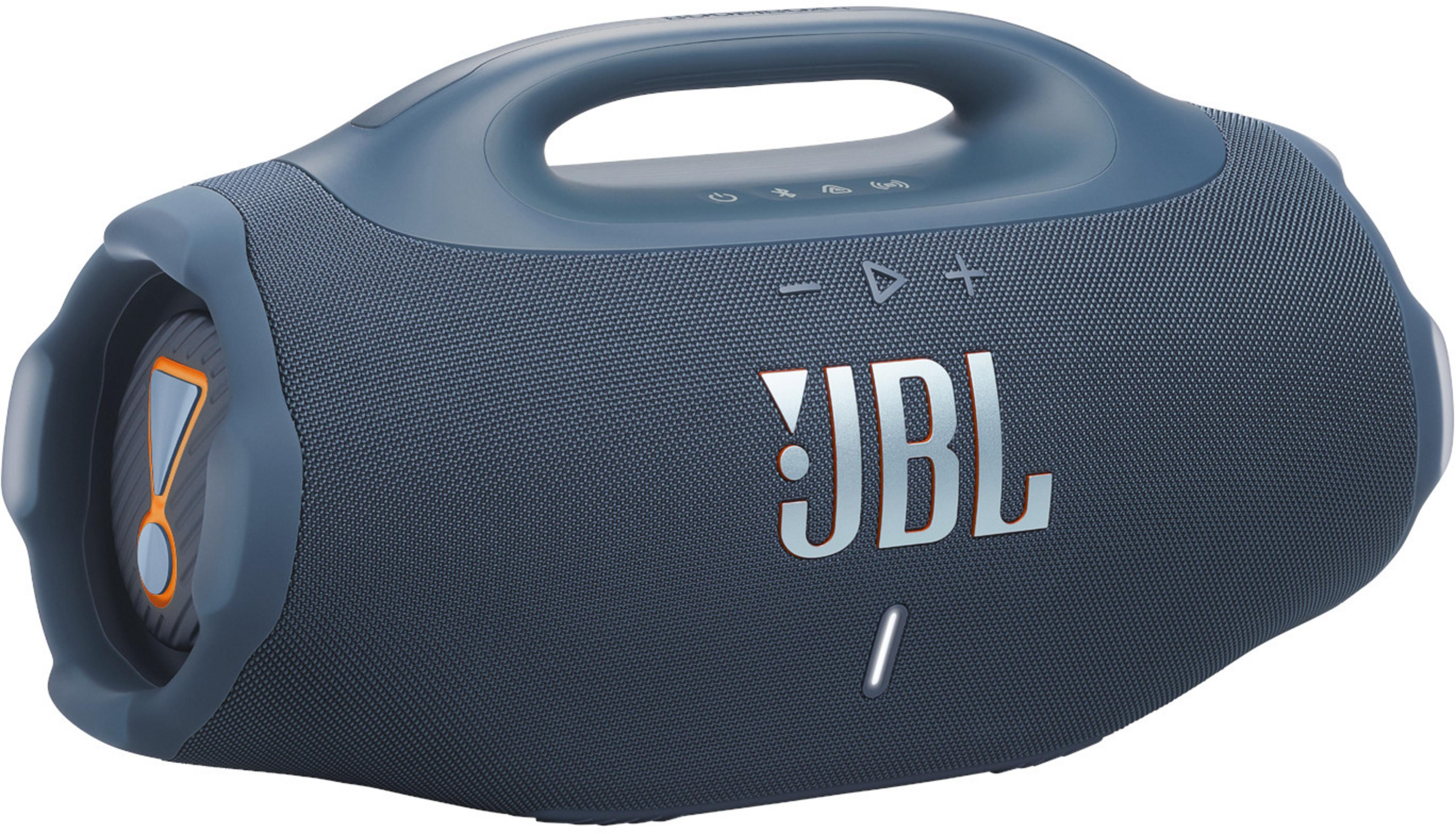 JBL Boombox blu scuro con manico e accenti arancioni.
