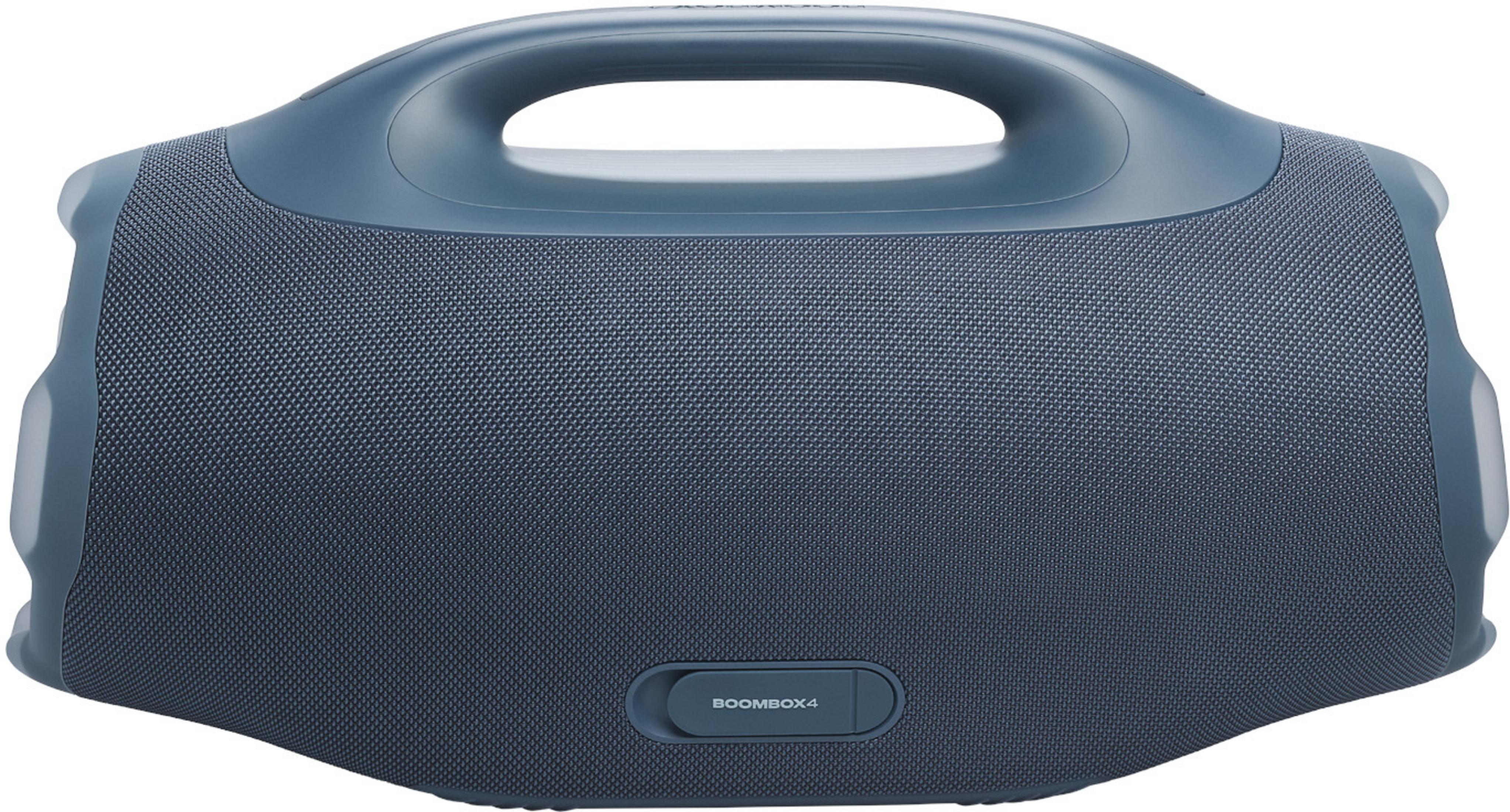 Un altoparlante blu Boombox 4 con maniglia e superficie in tessuto.