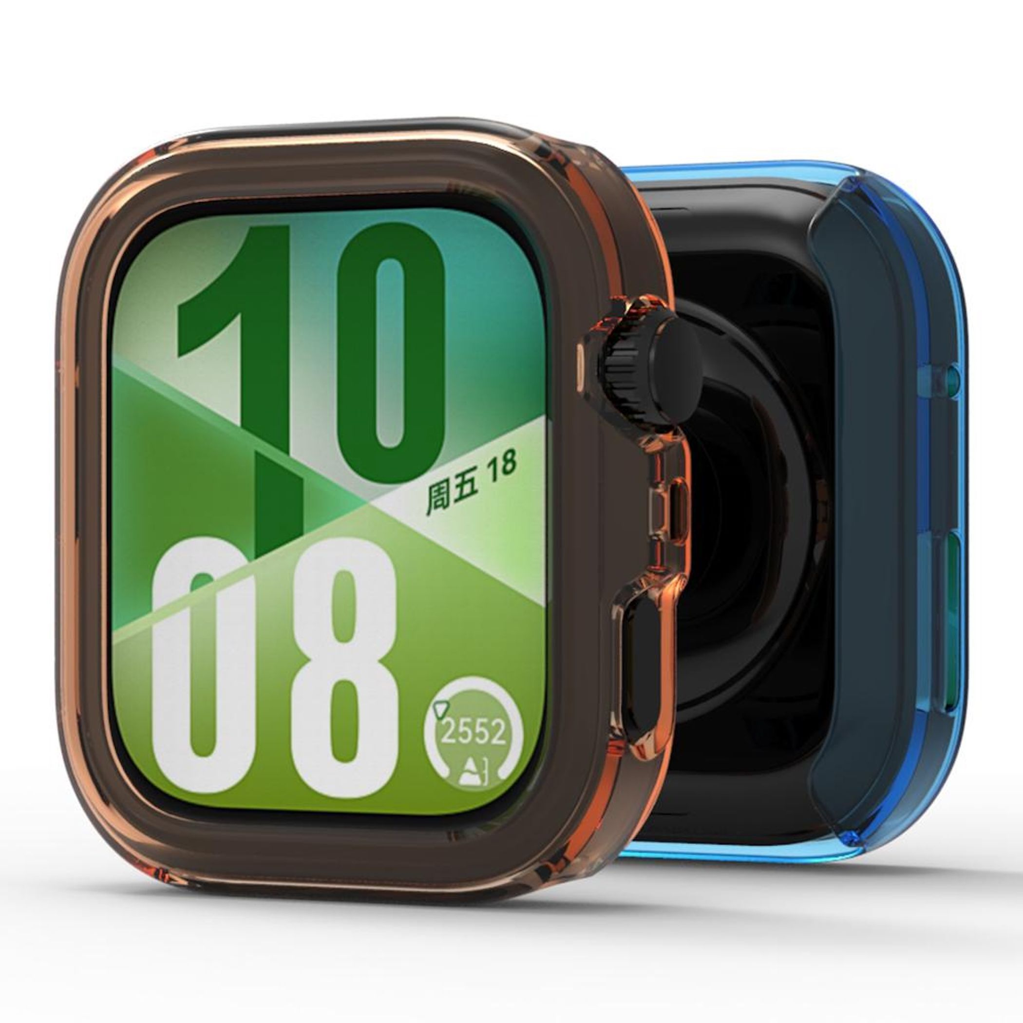 Due smartwatch con custodie protettive. Una marrone, l'altra blu.