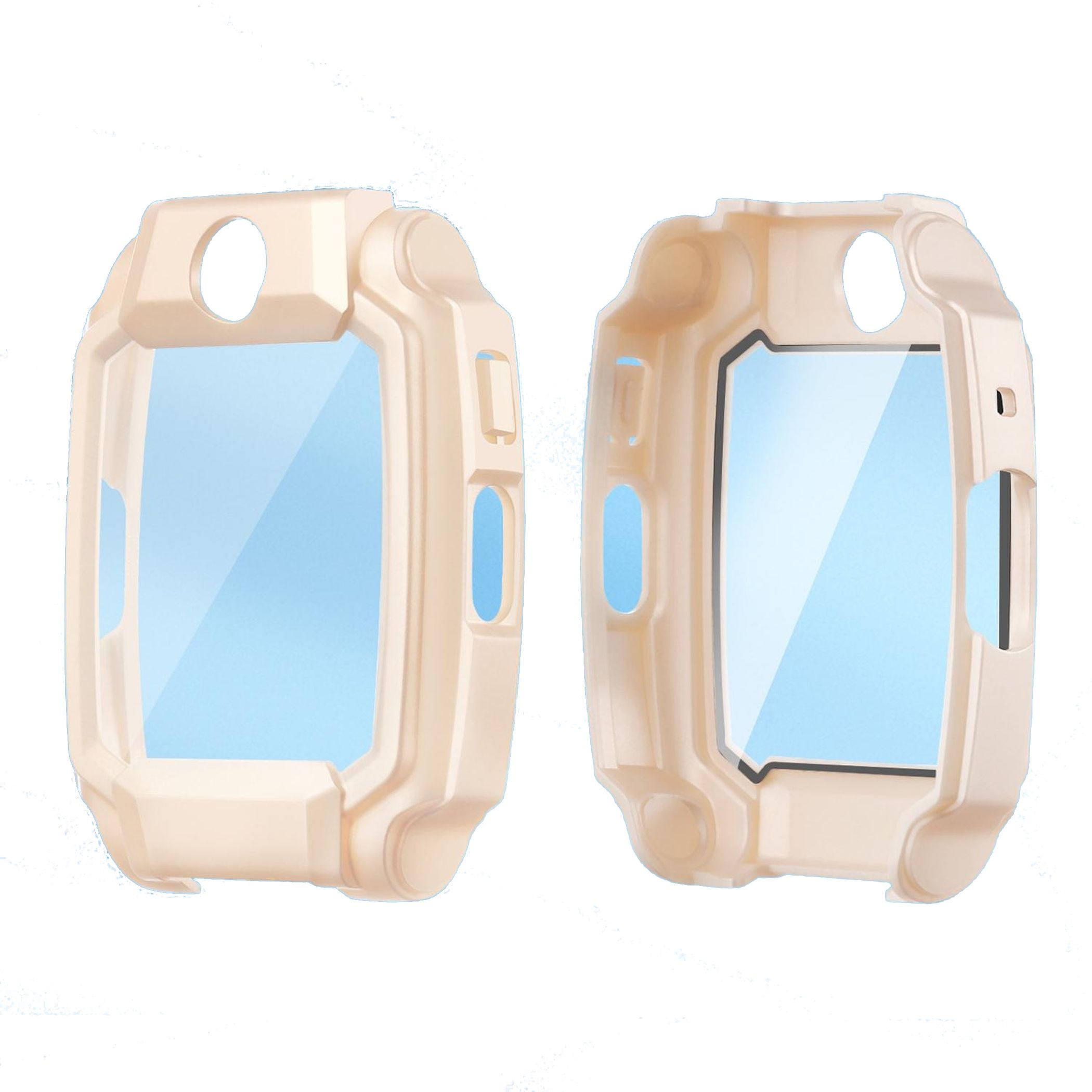 Due custodie per orologio color crema con schermi azzurri.