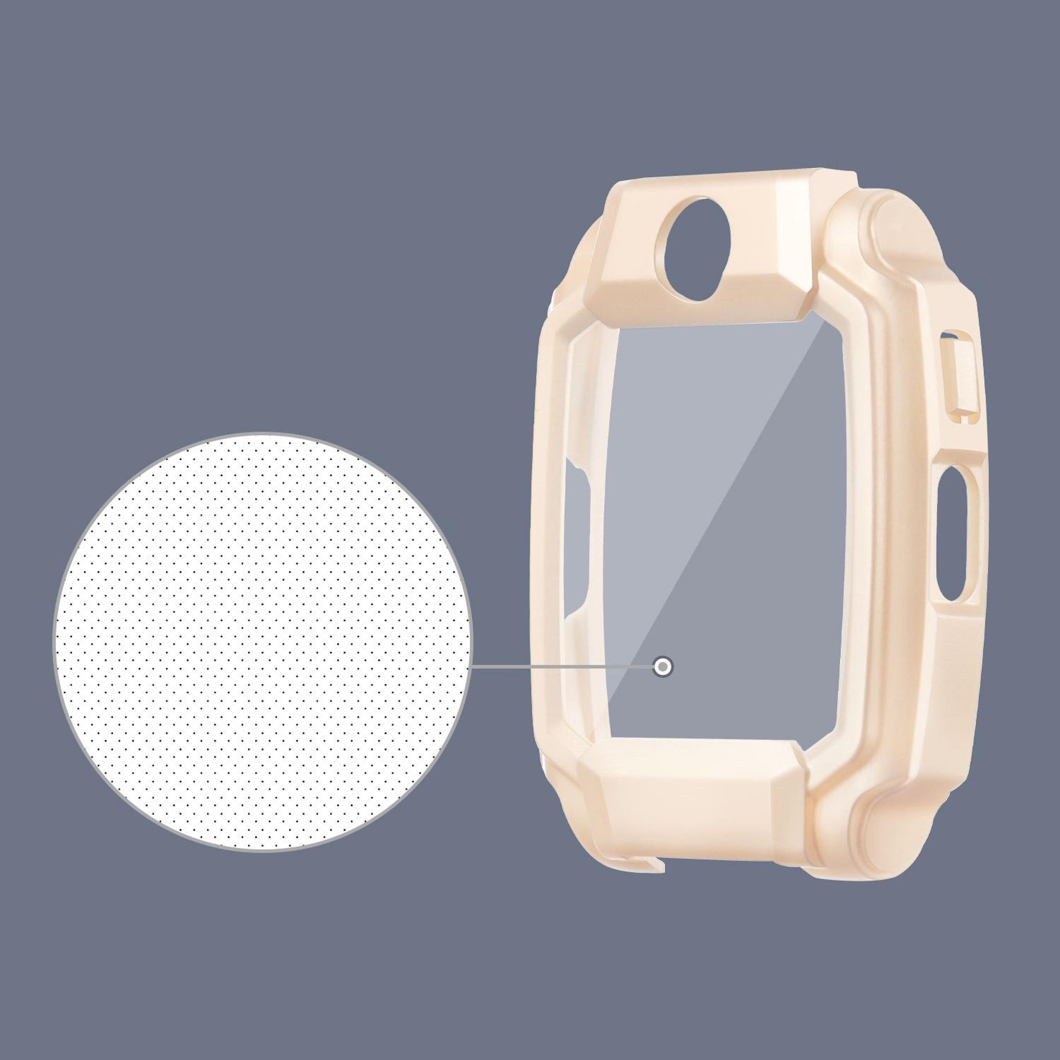Una custodia per orologio beige con un ritaglio e un dettaglio ingrandito.