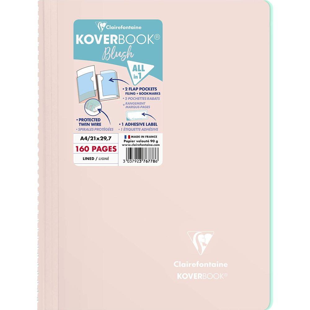Ein rosa Clairefontaine Koverbook Notizbuch mit Aufkleber für Details wie A4, 160 Seiten, liniiert.