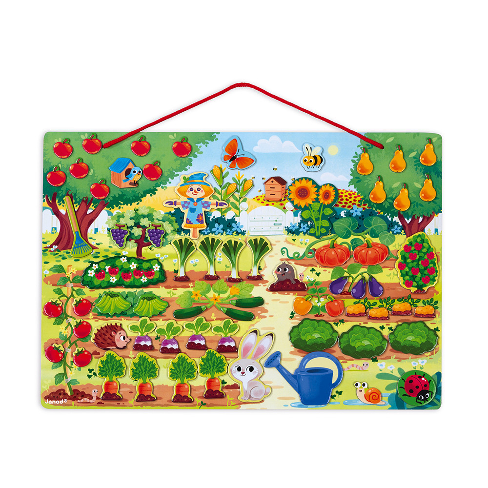 Scena agricola colorata con animali, verdure e frutta in un giardino.