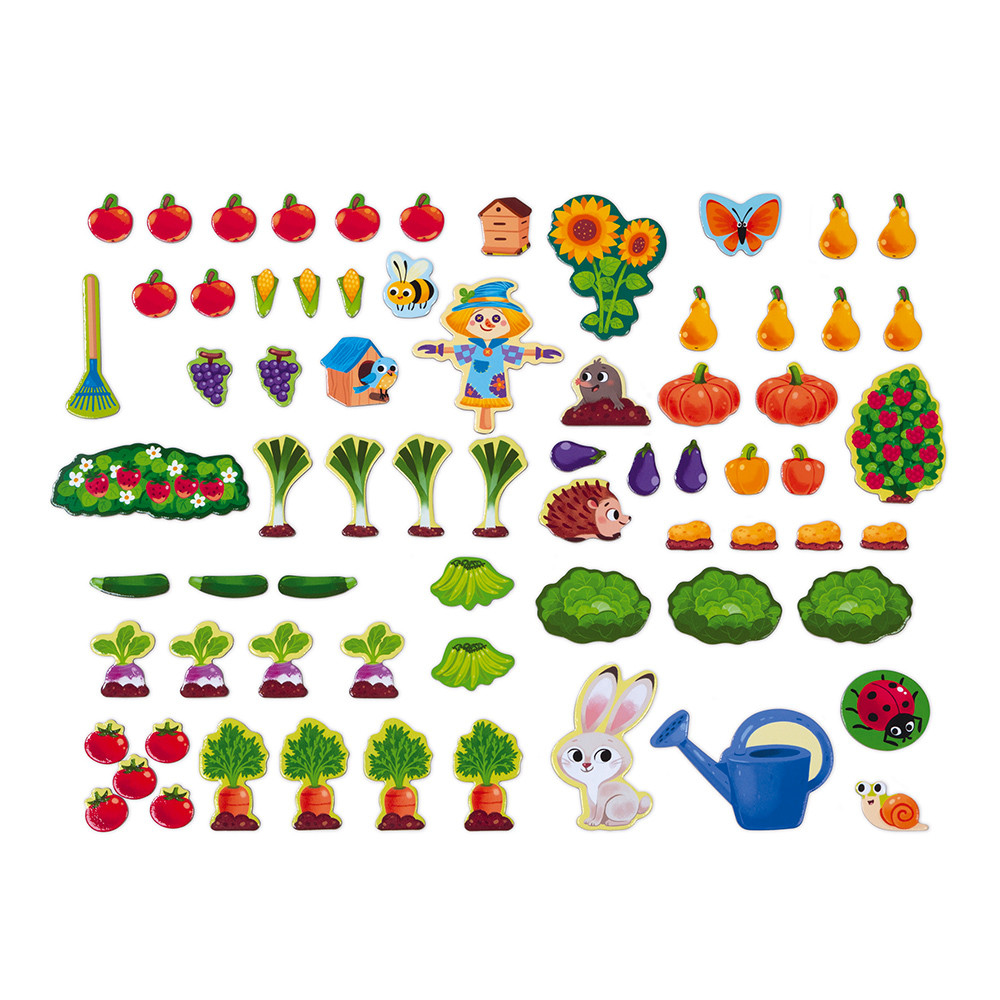 Adesivi colorati da giardino con frutta, verdura, animali e uno spaventapasseri.