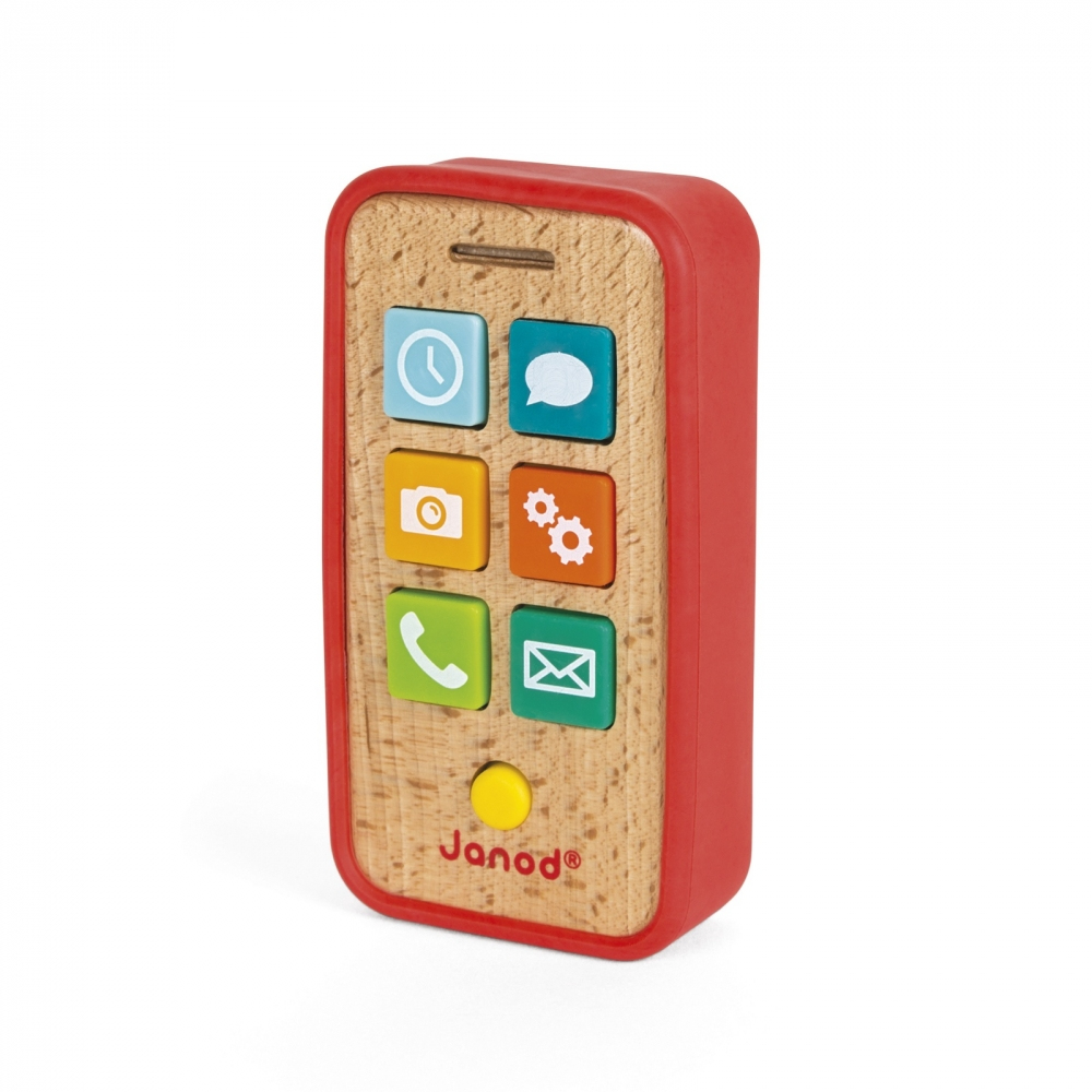 Holzspielzeug-Telefon mit roten Rändern und bunten Symbolen auf der Vorderseite.