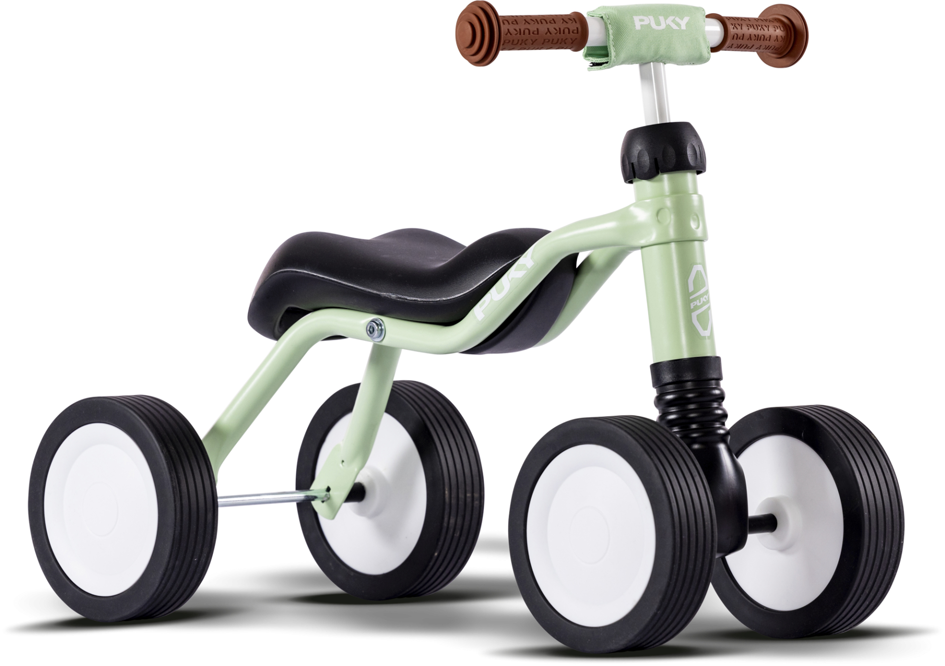 Ein hellgrünes Kinderfahrrad mit schwarzen Griffen und einem schwarzen Sattel.