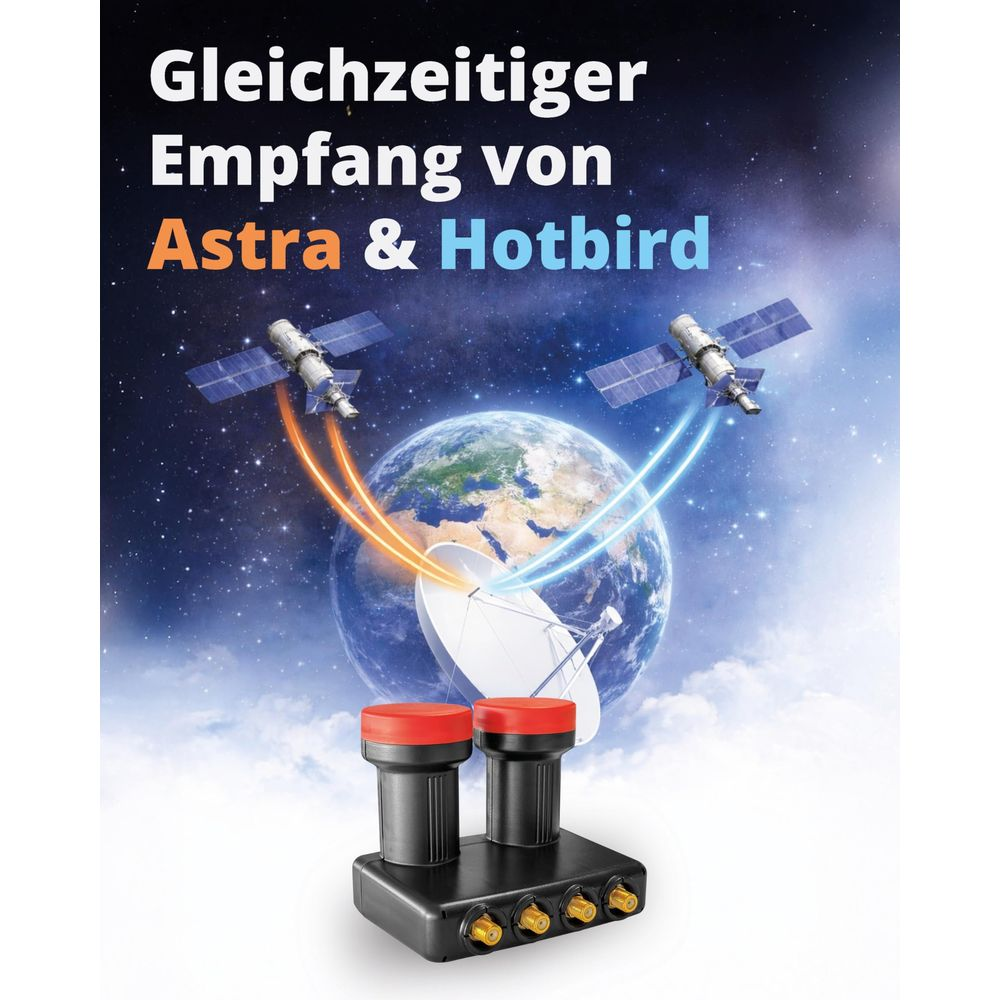 Zwei Satelliten empfangen Signale von der Erde, LNBs vorne.