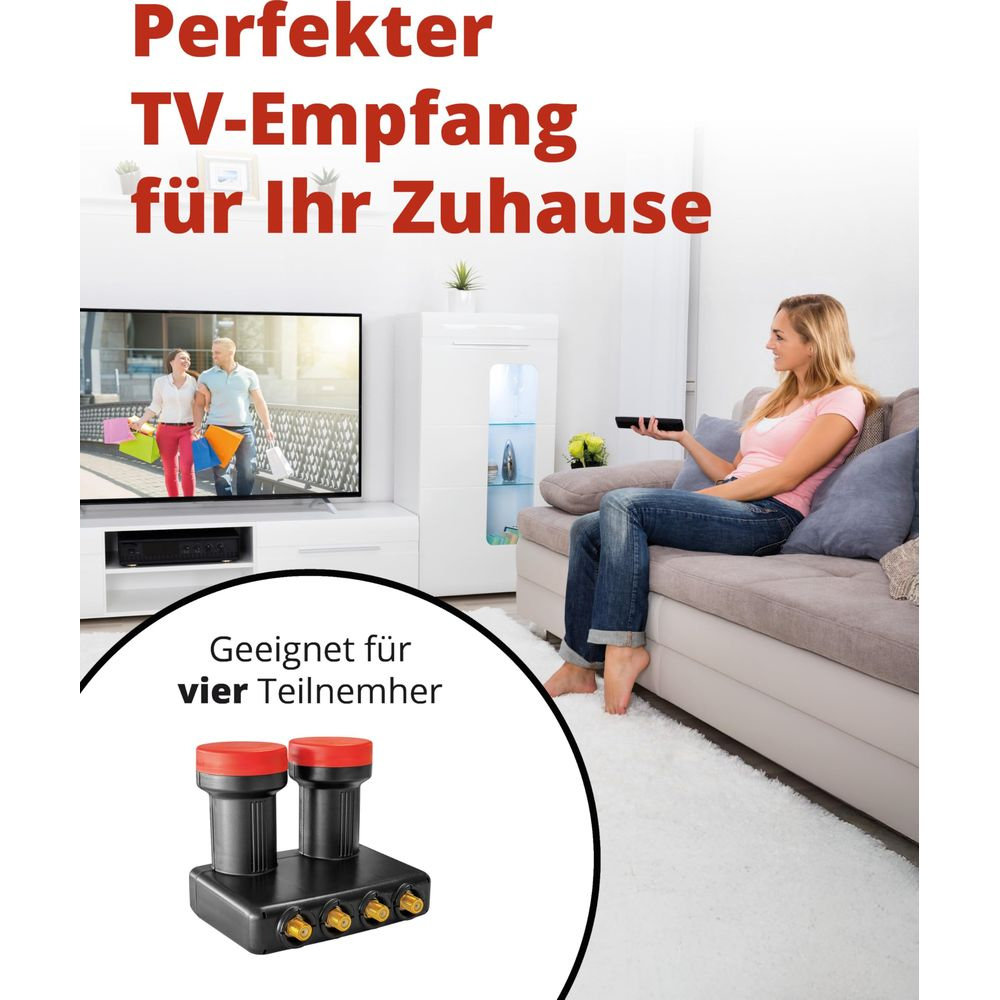 Frau schaut Fernseher, LNB-Gerät mit vier Anschlüssen, Text für perfektes TV-Zuhause.