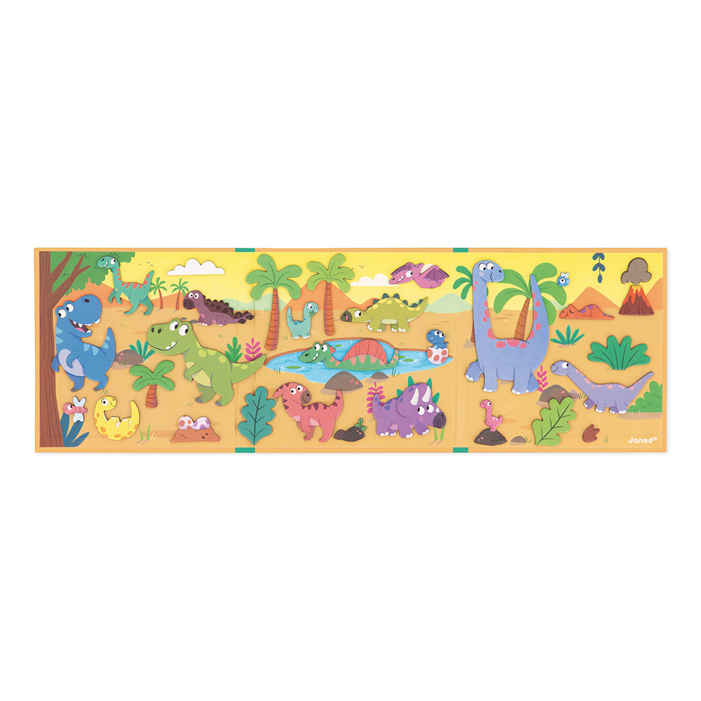 Bunte Dinosaurier-Puzzle mit Palmen, Vulkan und See.