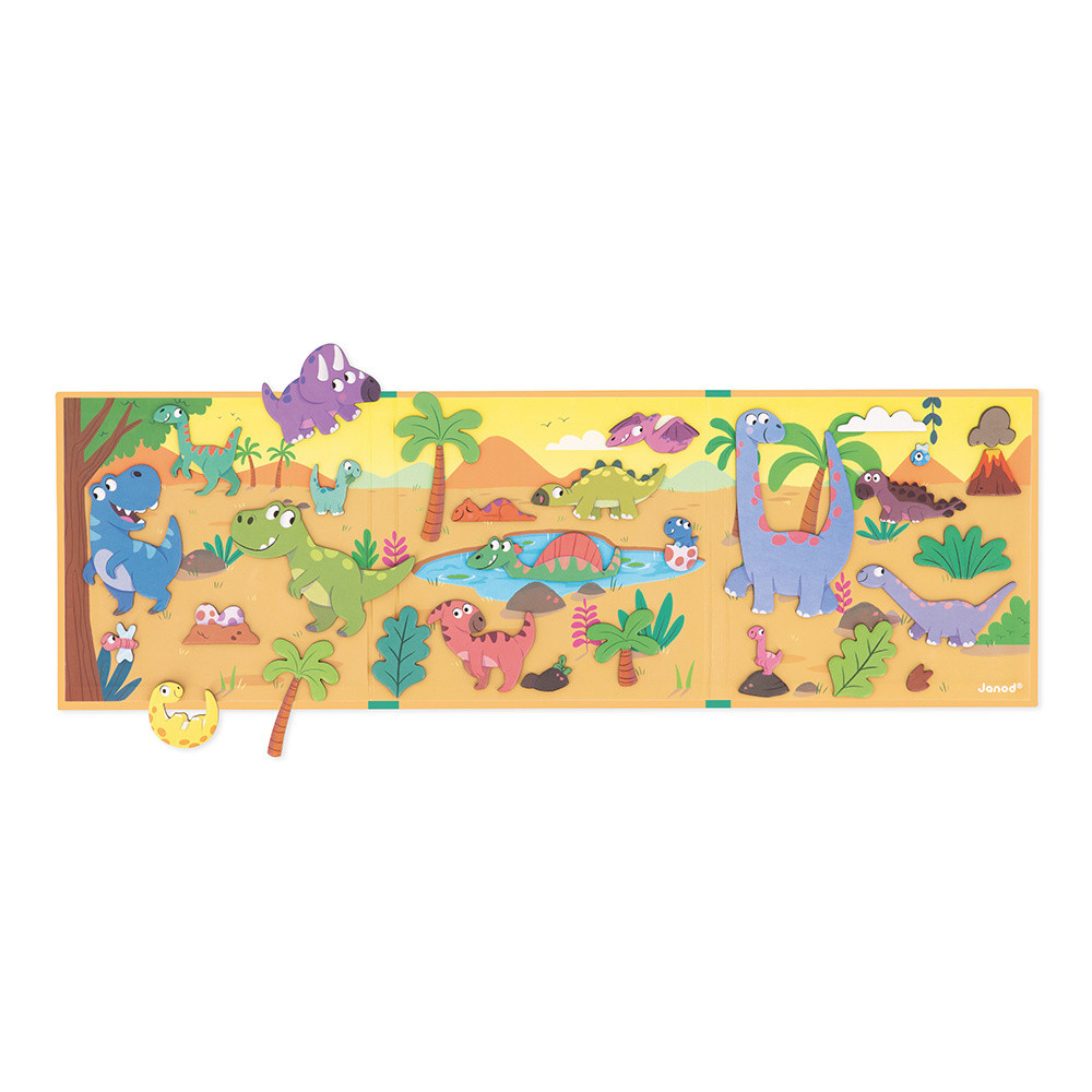 Bunte Dinosaurier-Puzzle mit Palmen, Wasser und Vulkan im Hintergrund.
