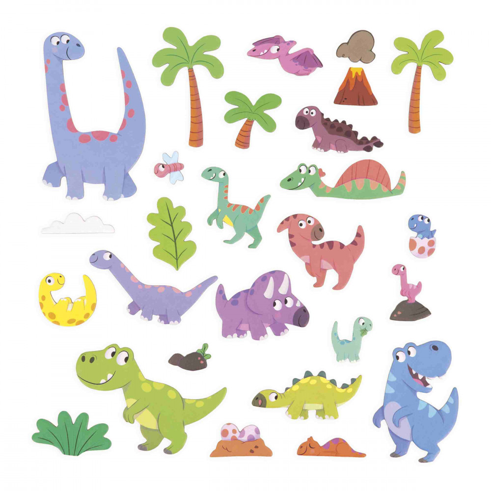 Bunte Dinosaurier-Aufkleber mit Palmen und Vulkan.