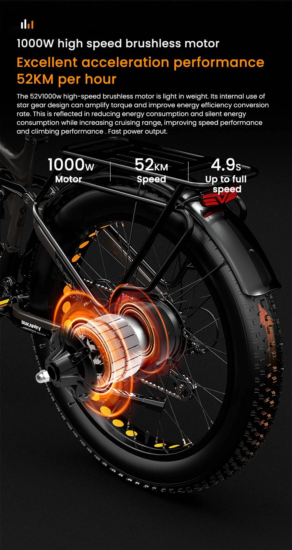 Primo piano del motore di una e-bike con nucleo luminoso e testo sulle prestazioni.